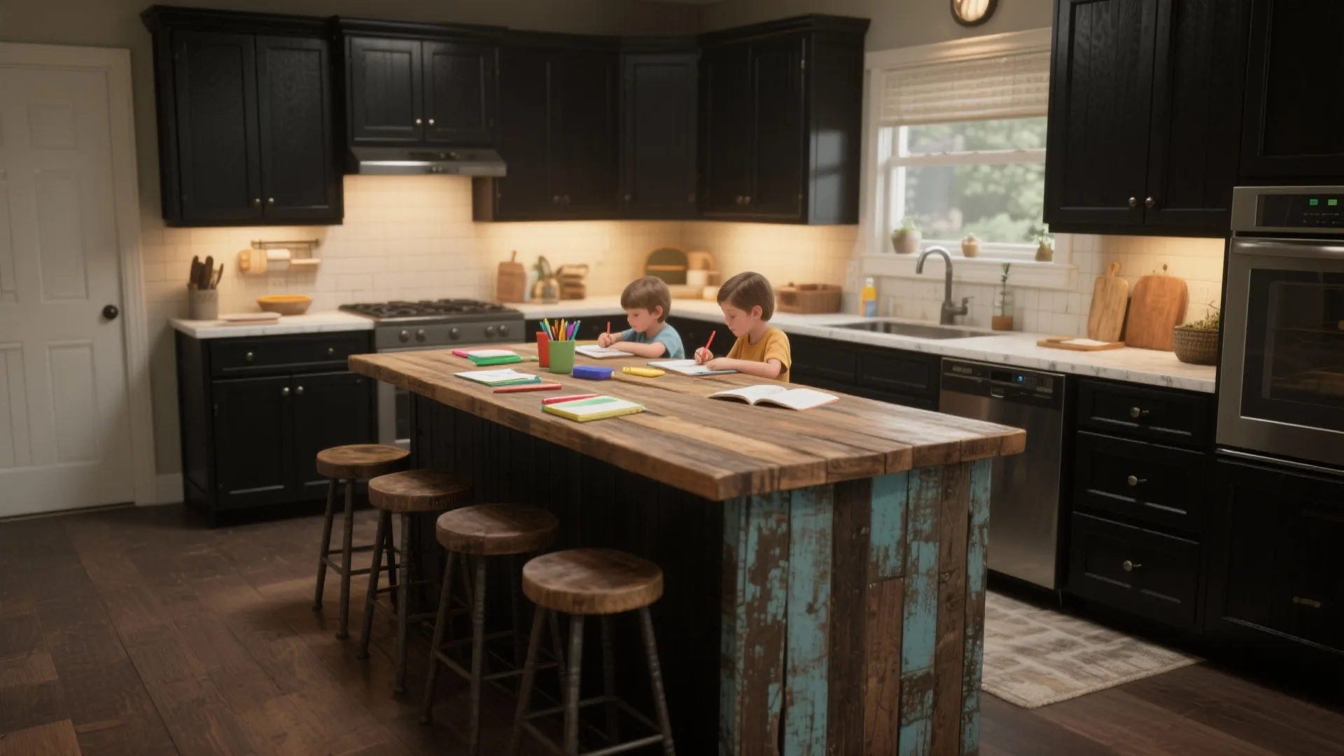 Two young boys sitting at a wooden kitchen island doing homework in a black kitchen