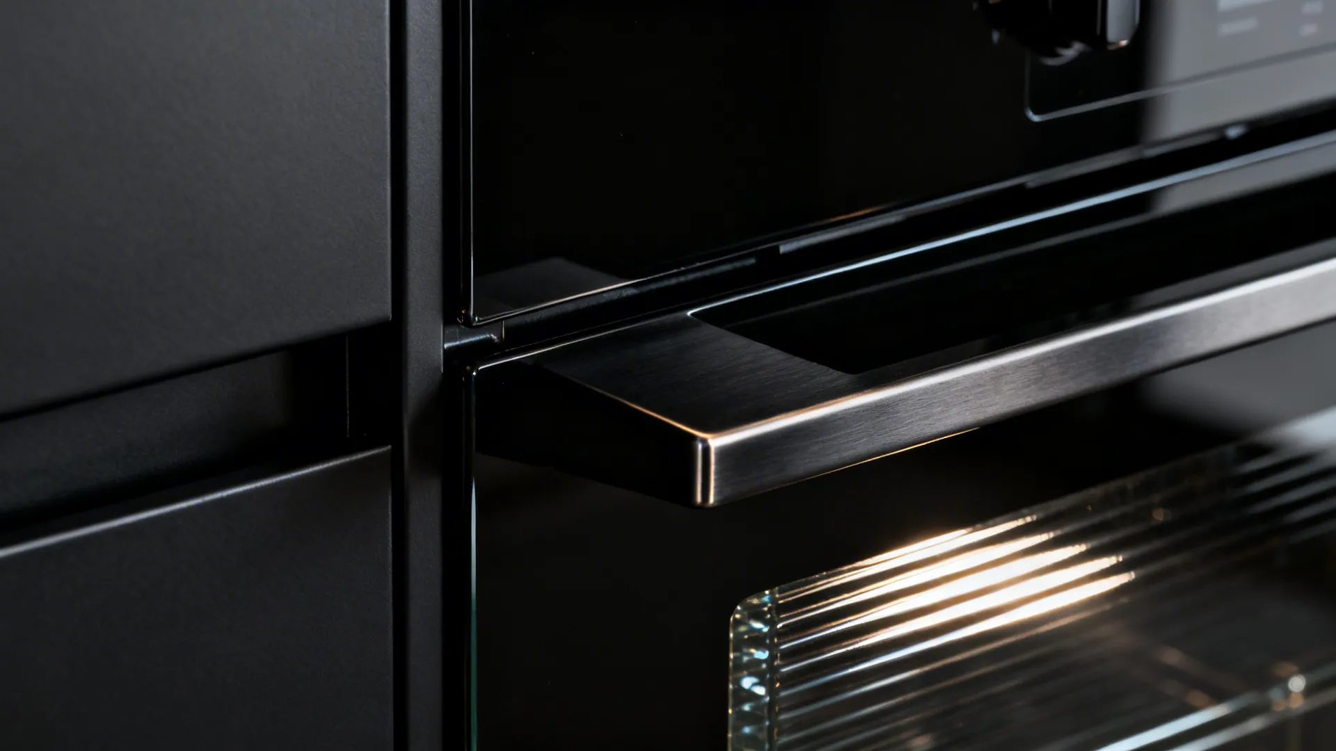 Close-up of matte, satin, and glossy black finishes with ribbed glass catching light.