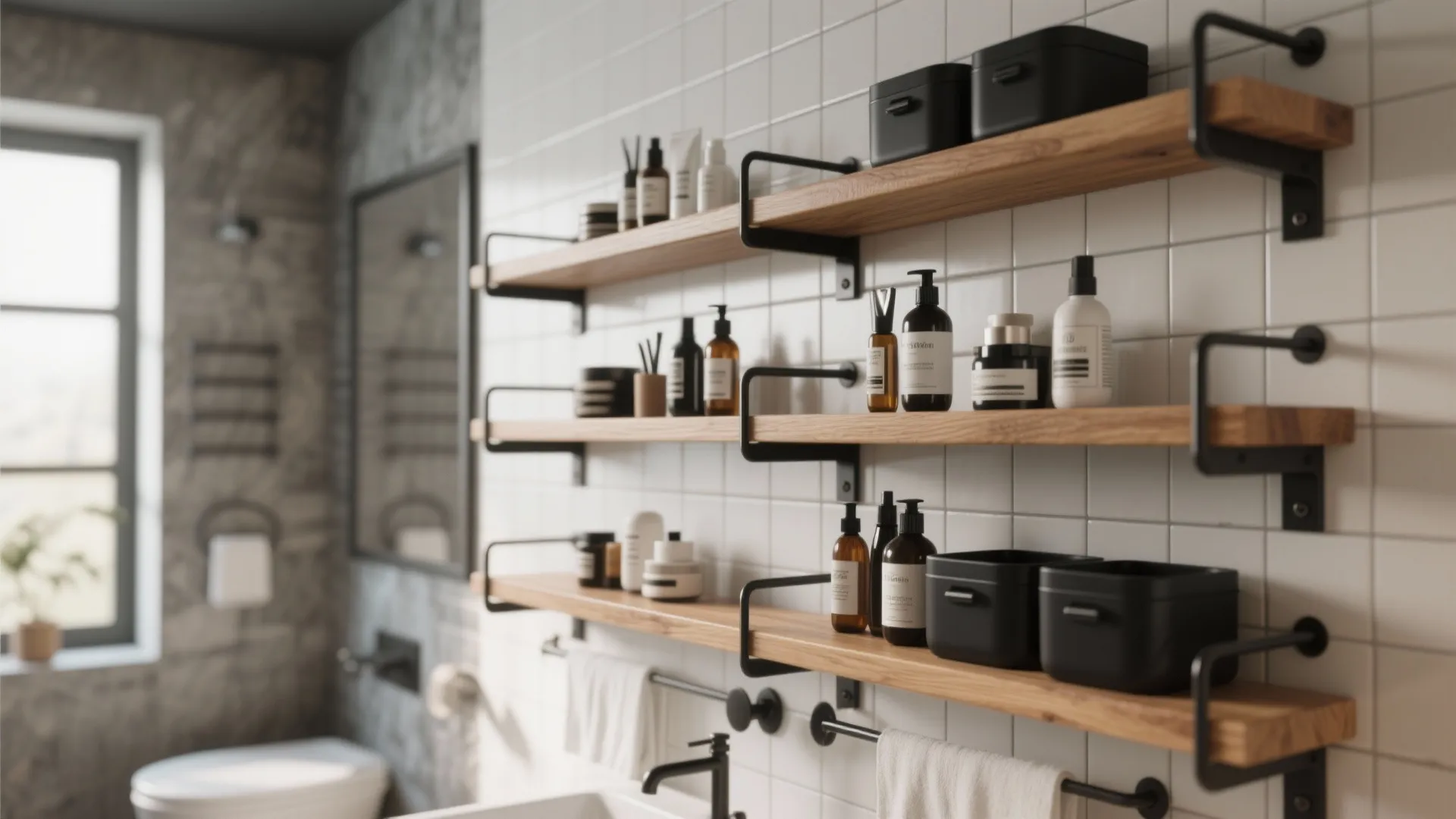 Bathroom wall with wooden shelves on black metal brackets holding various bottles and black boxes