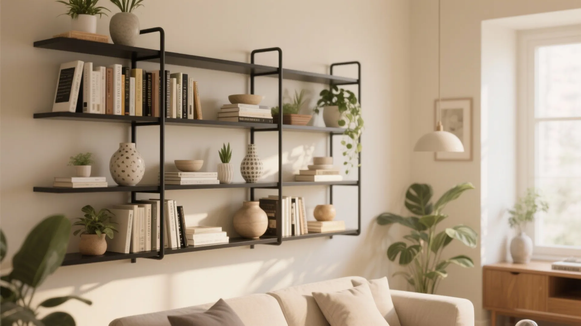 7. Black Shelving Against Cream Walls