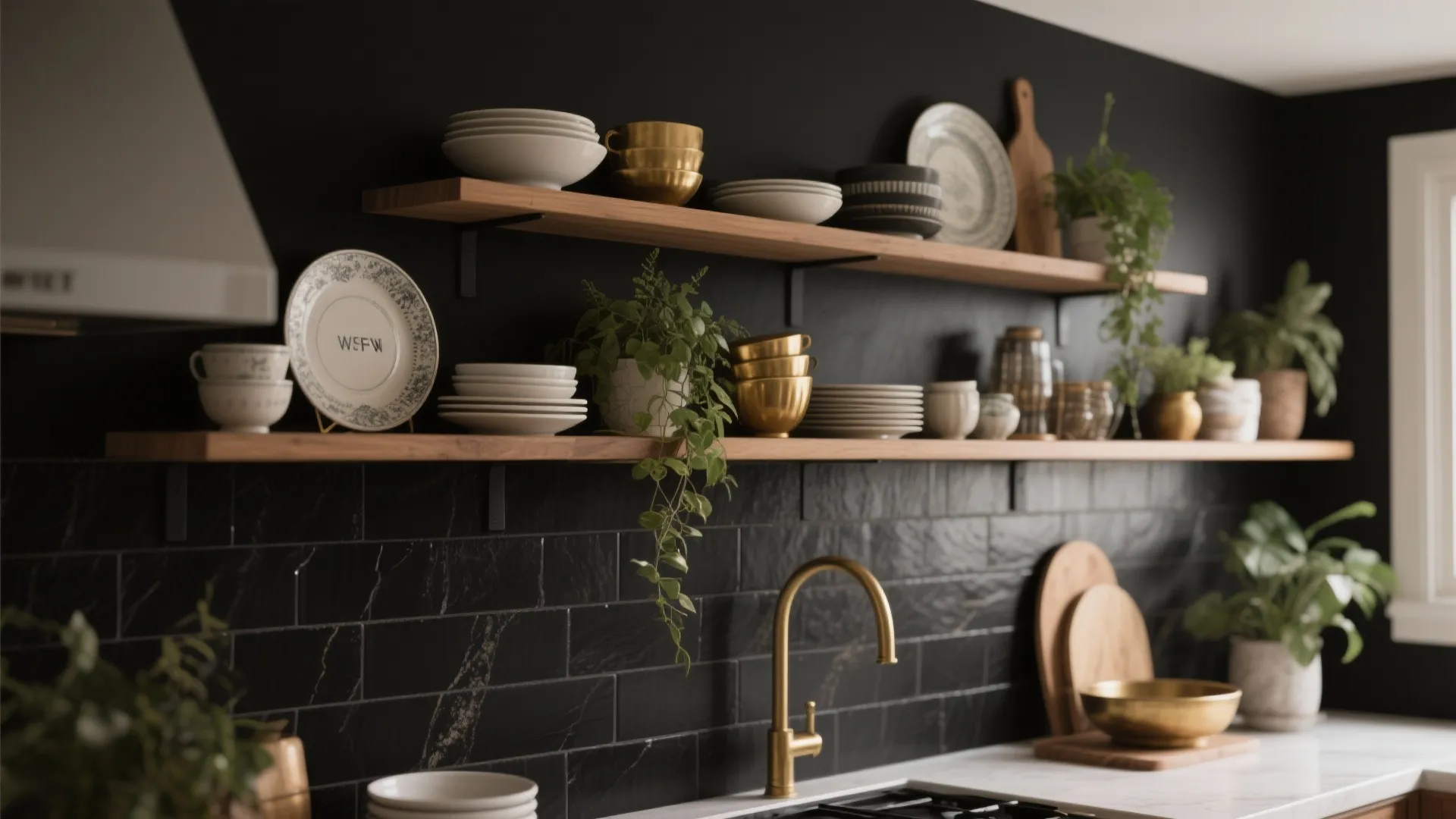 5. Black backsplash with integrated open shelving