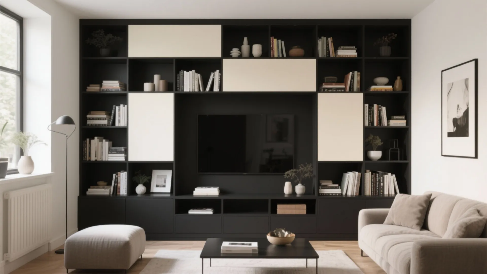 8. Black Built-in Shelving with Cream Back Panels