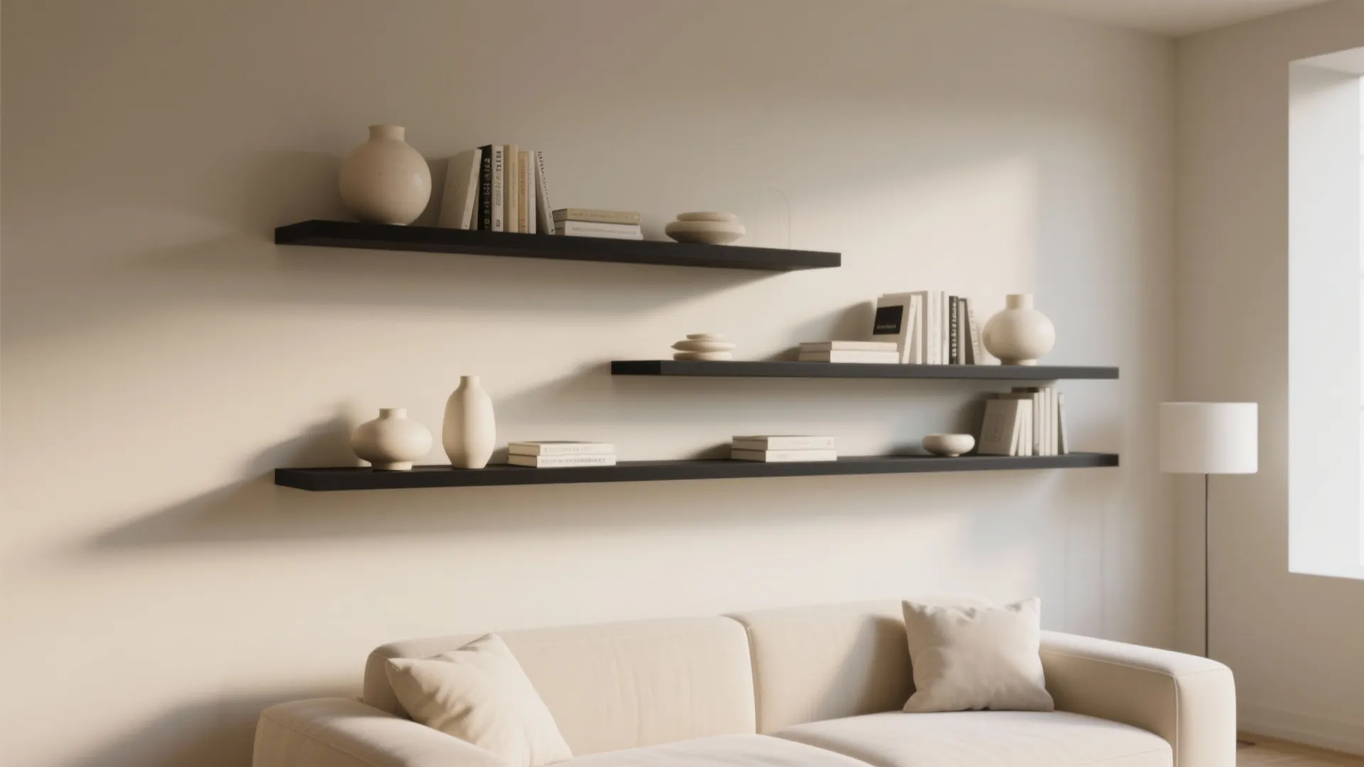 Black floating shelves with cream ceramic accents