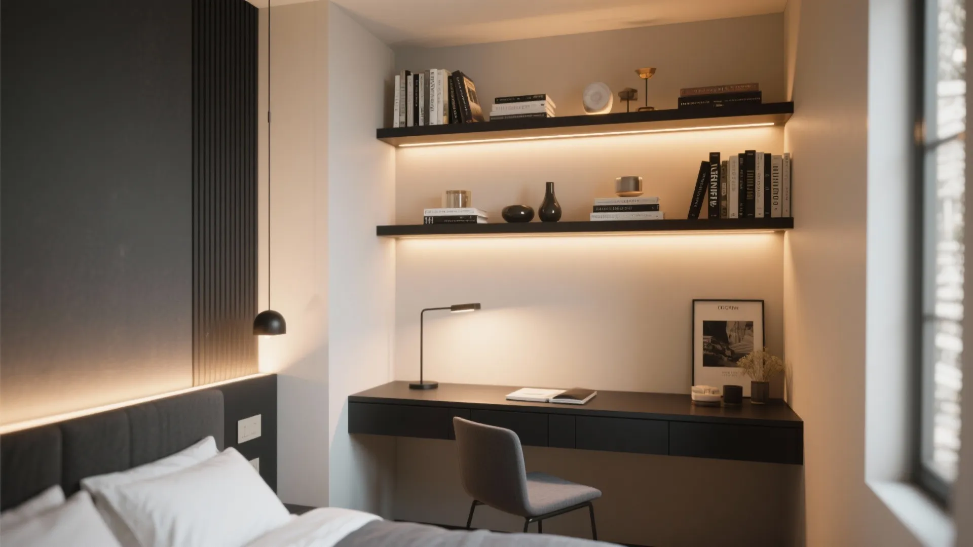 Modern home office area with black desk grey chair lit wall shelves and bedroom view