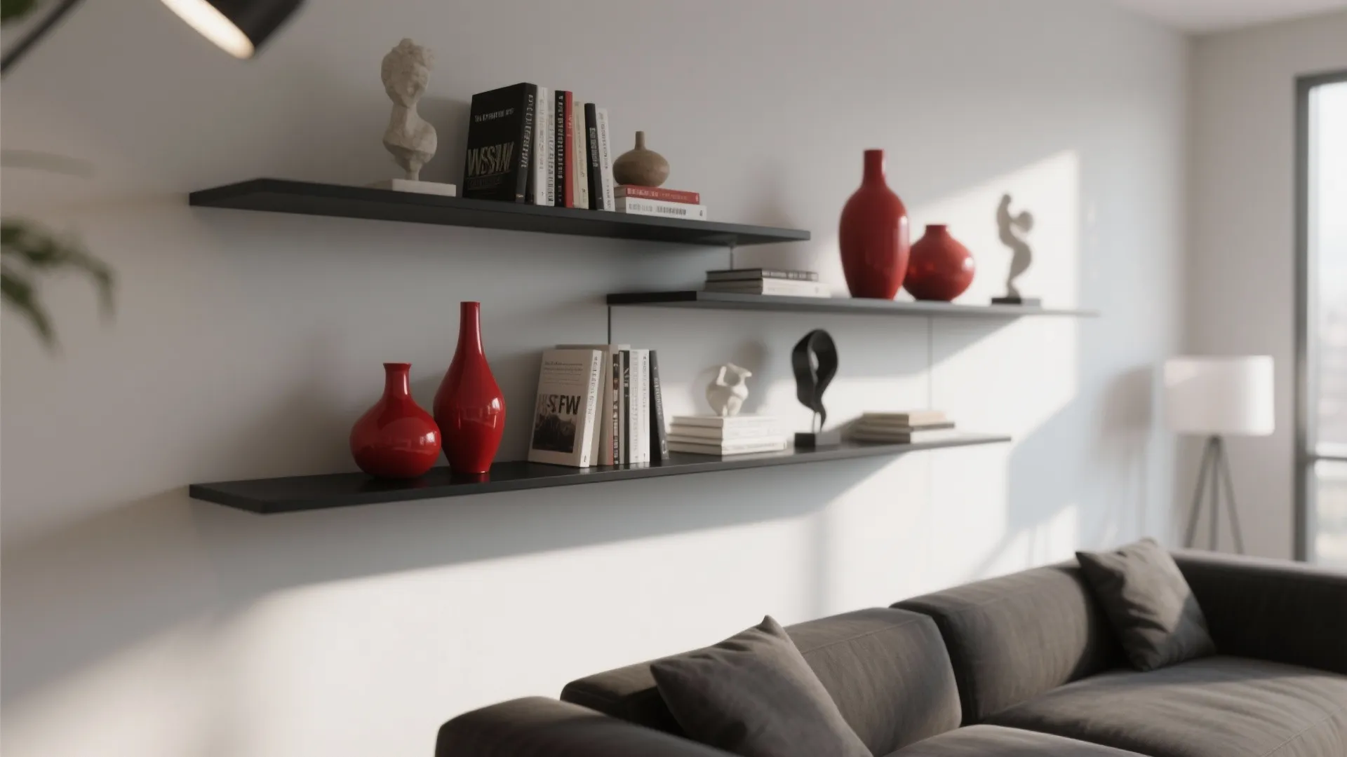 Black Shelving with Red Decorative Elements