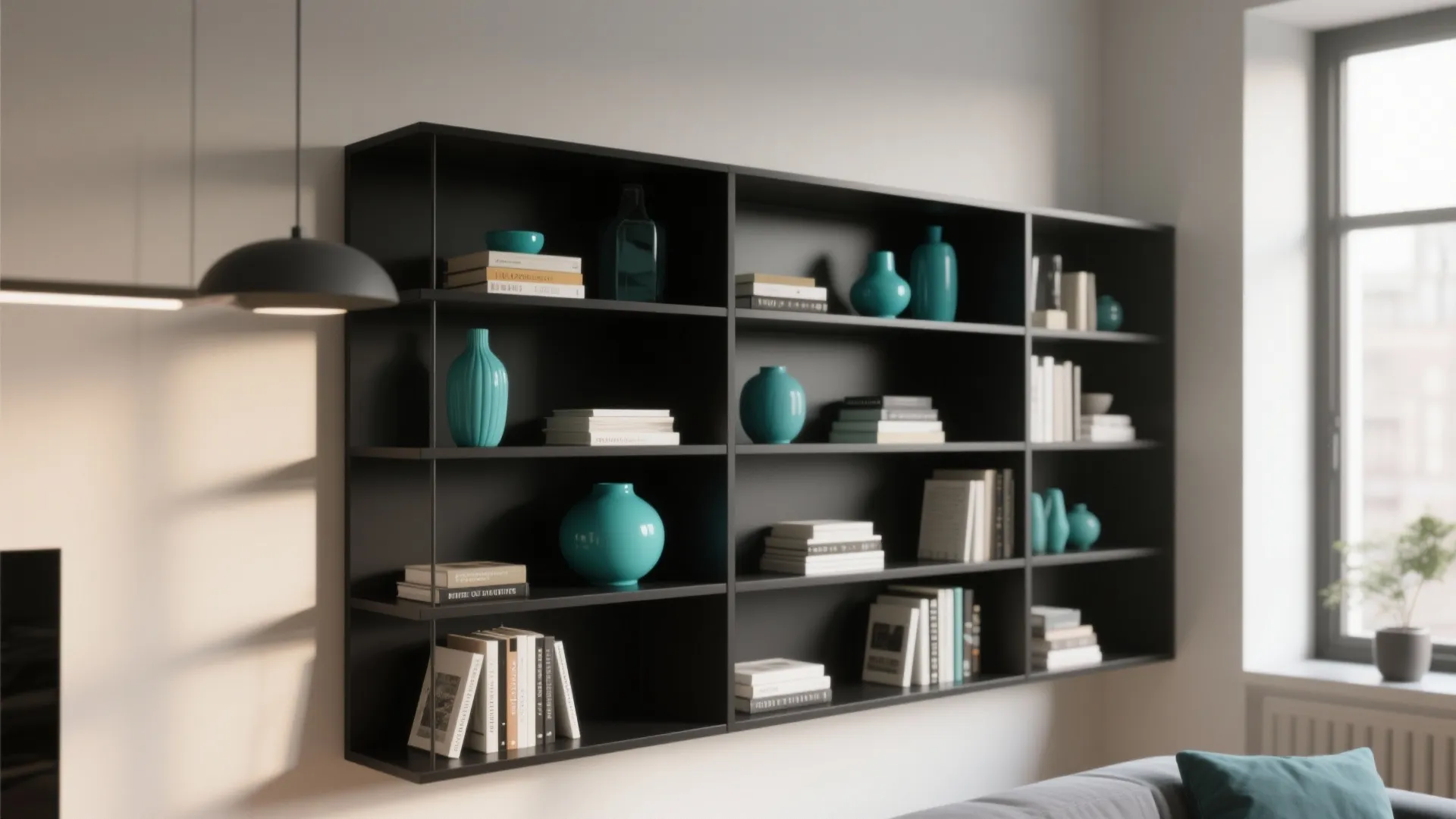 4. Black Built-In Shelving with Teal Accessories