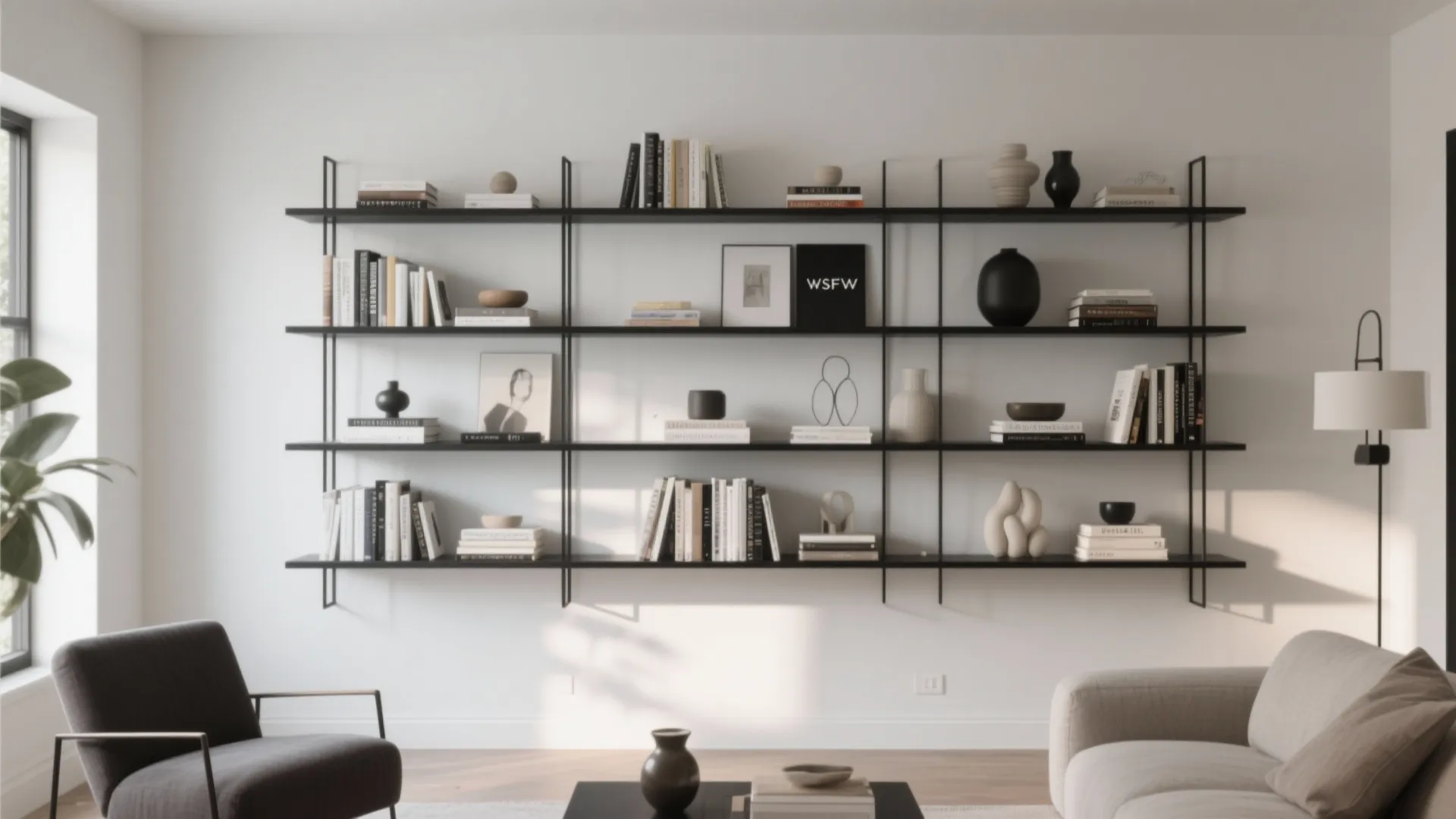 9. Black Shelving Against White Wall