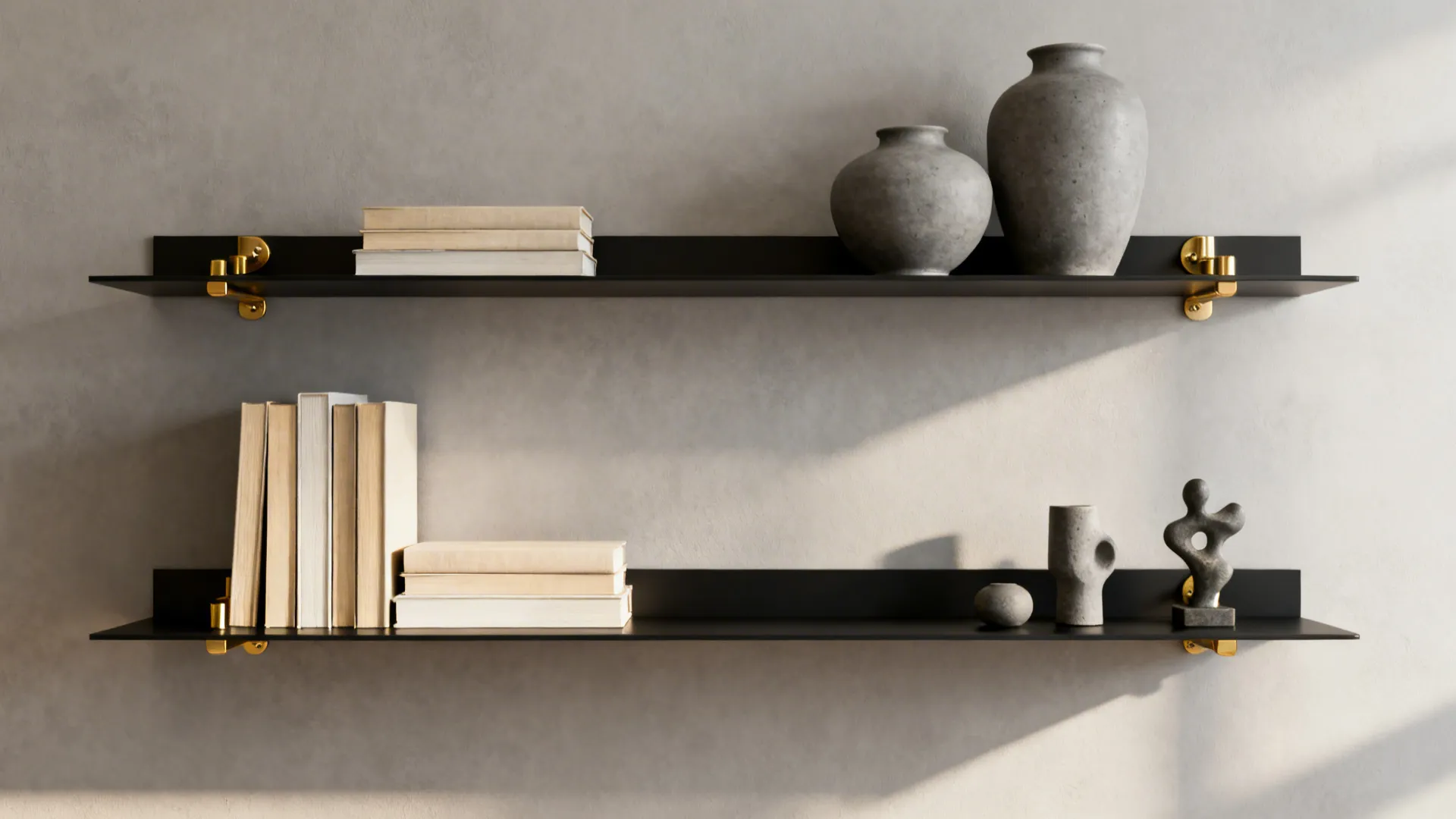 Minimalist black shelving styled with grey ceramics and gold hardware