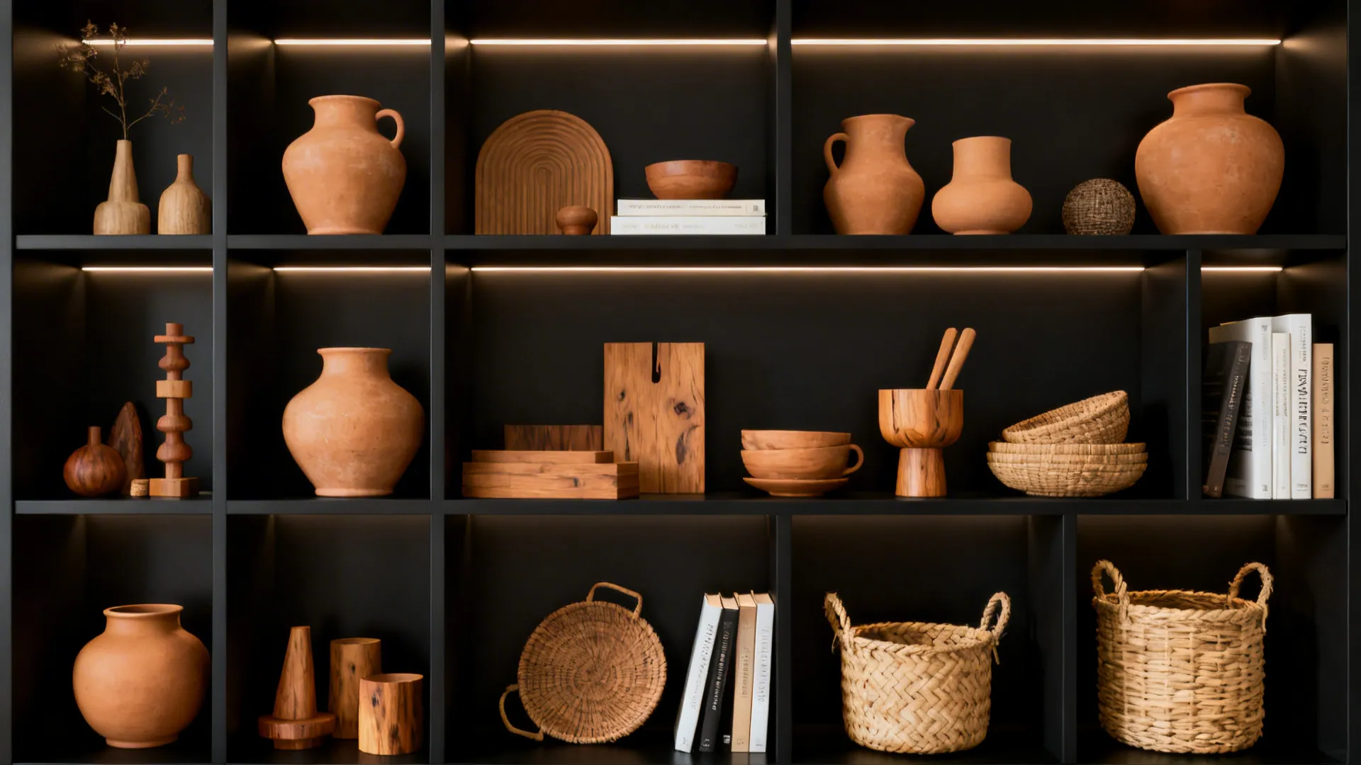 Black open shelving styled with tan ceramics, wood accents, and woven baskets.