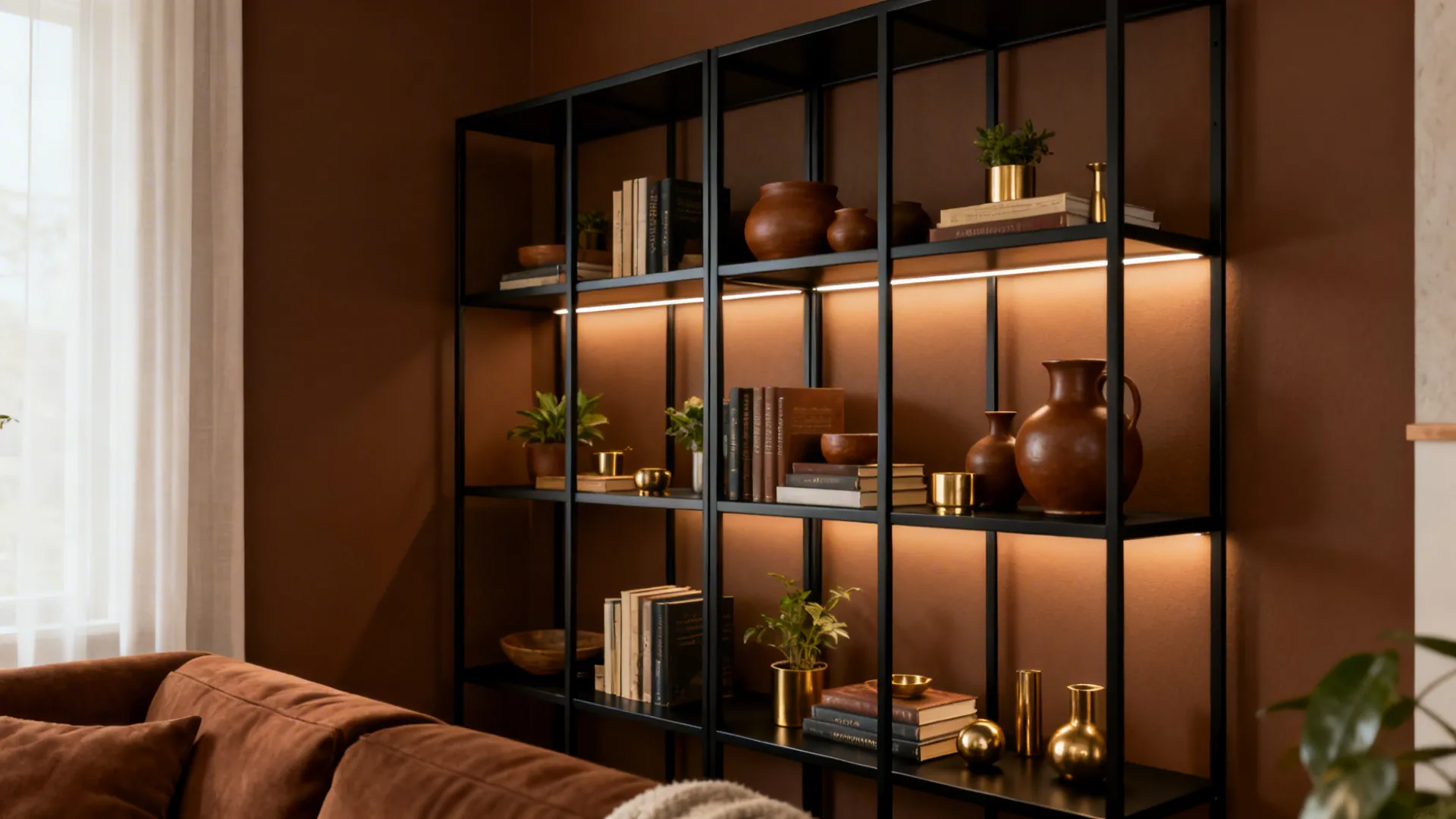 Open matte black shelving styled with brown ceramics and books against a brown wall.
