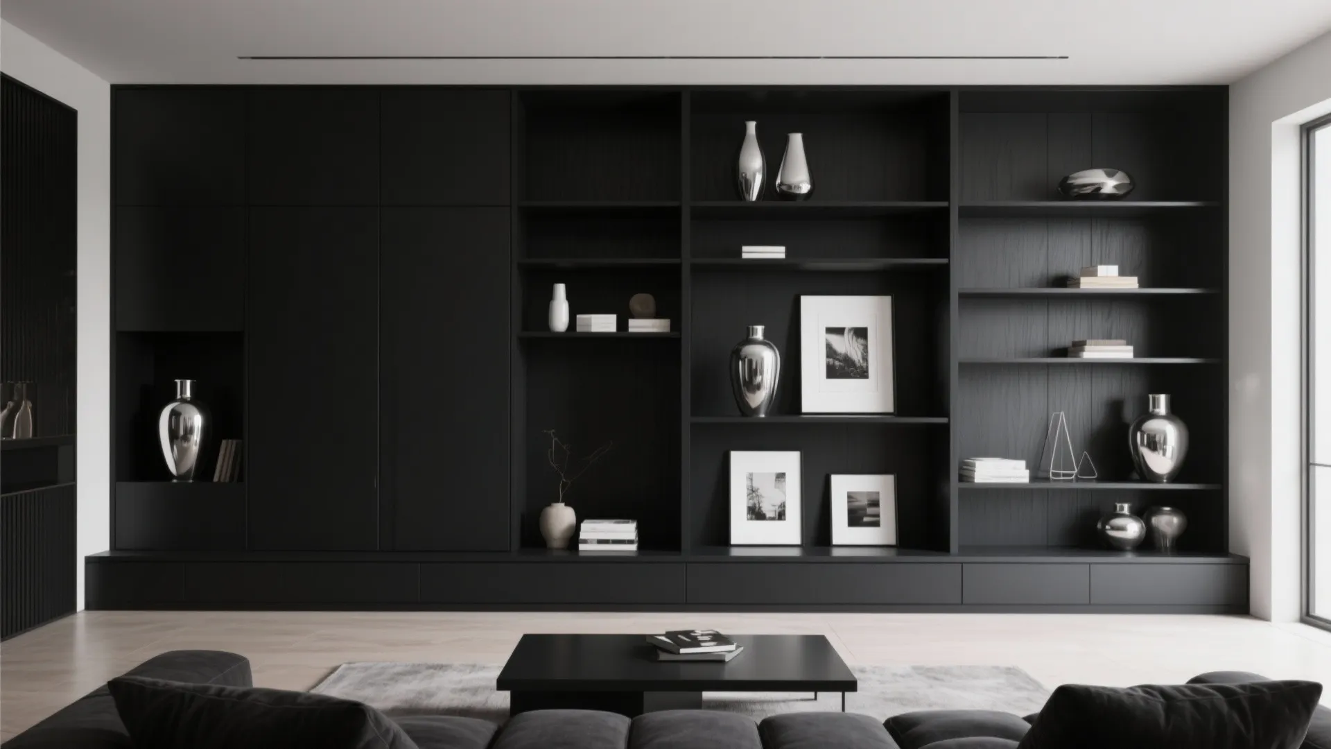 Minimalist black wall cabinet with silver vases books and picture frames on a light wood floor