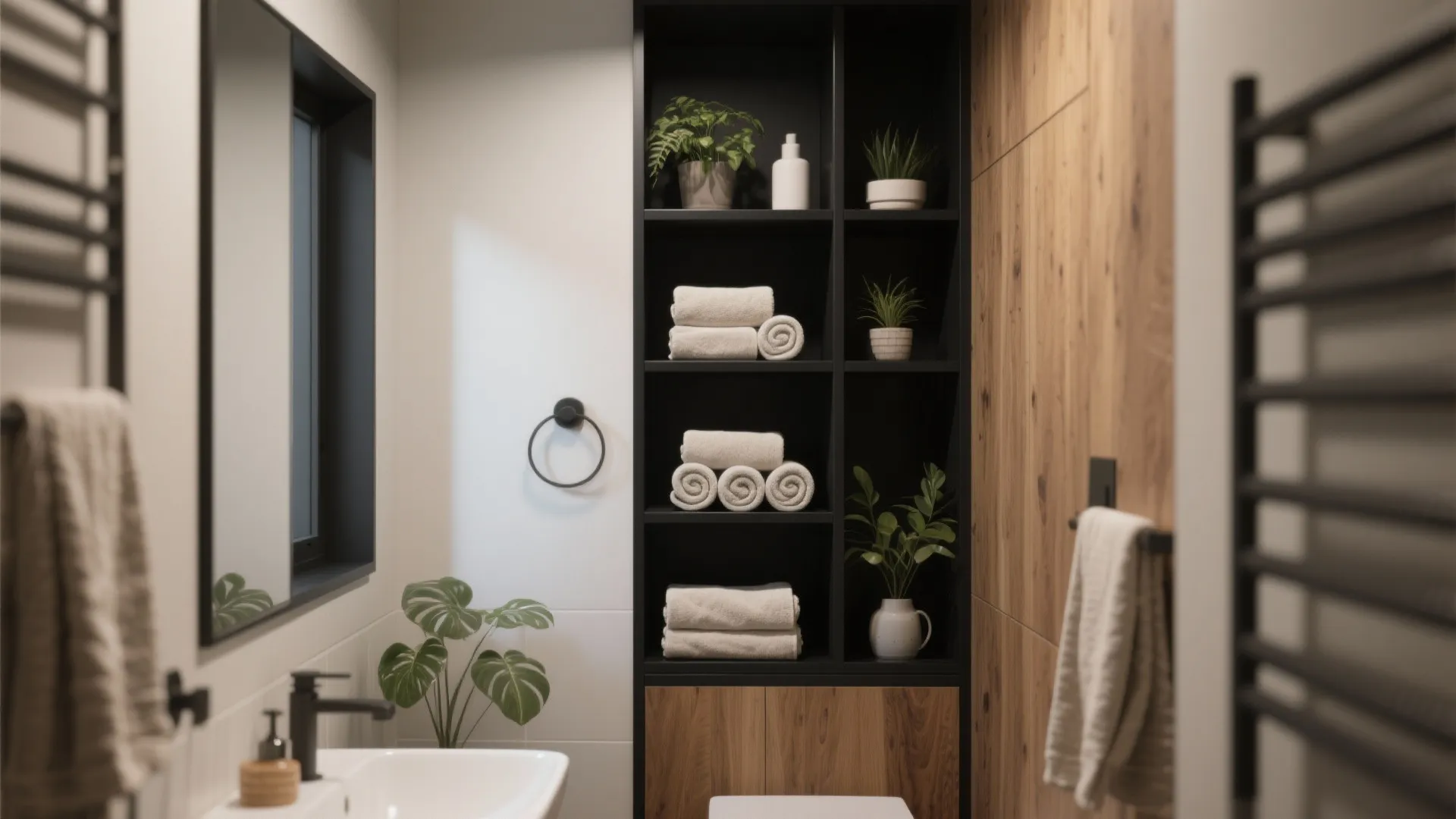 Modern bathroom interior featuring black shelving units with folded white towels and small green potted plants