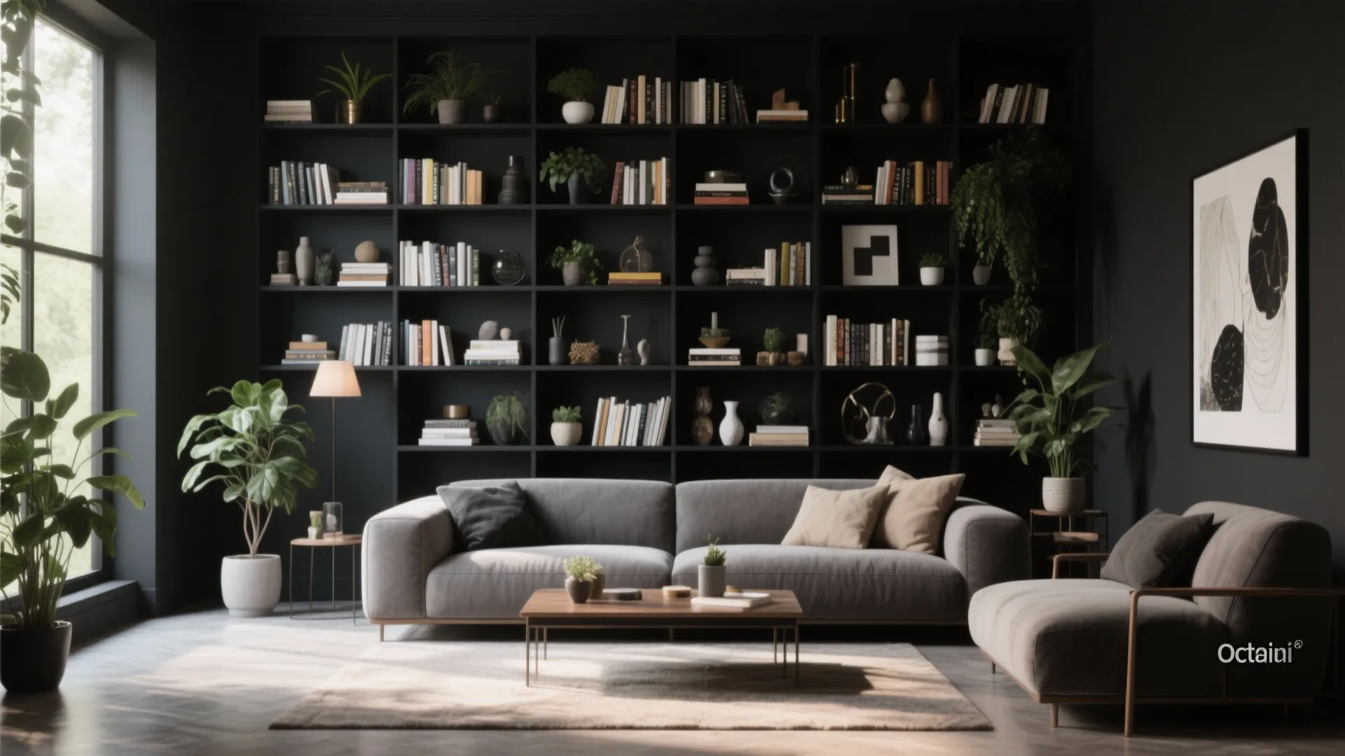 7. Black Walls with Floor-to-Ceiling Shelving