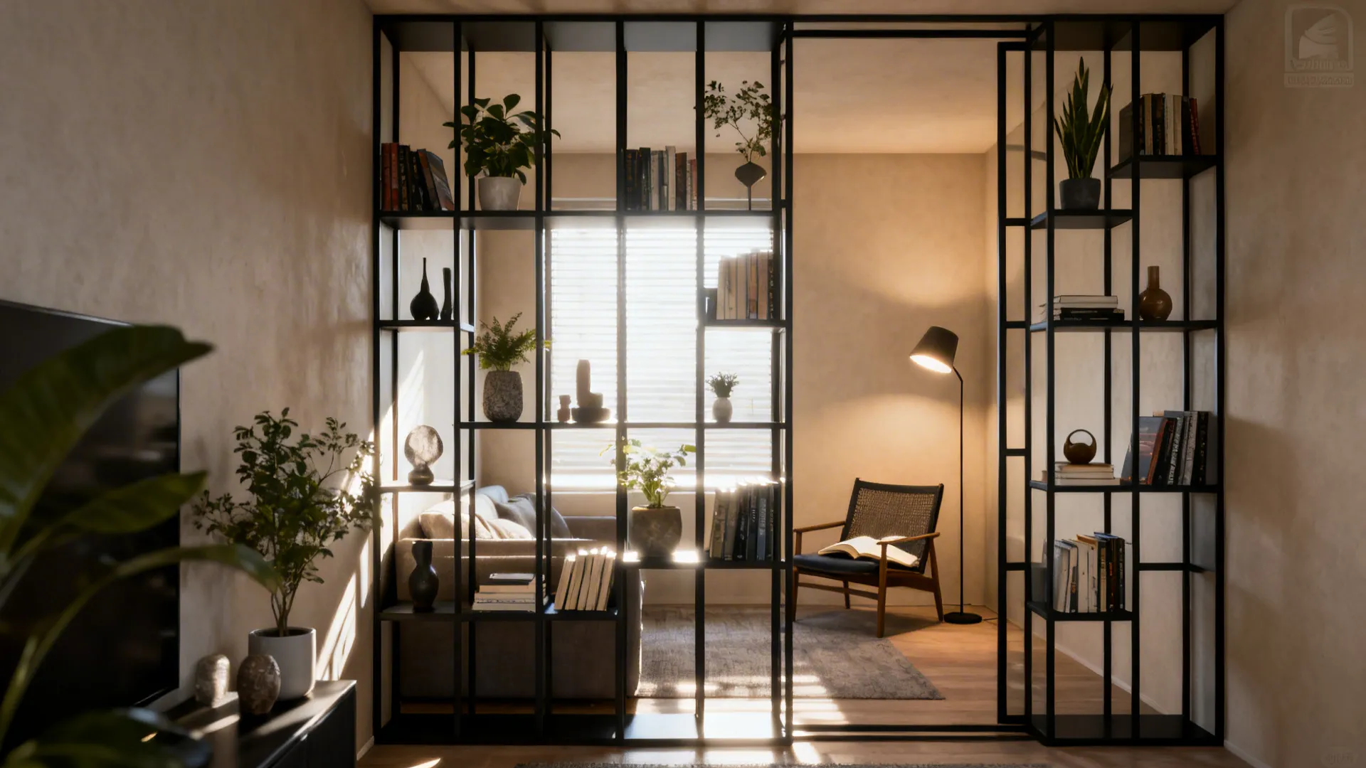 2. Create zones with black shelving and open storage