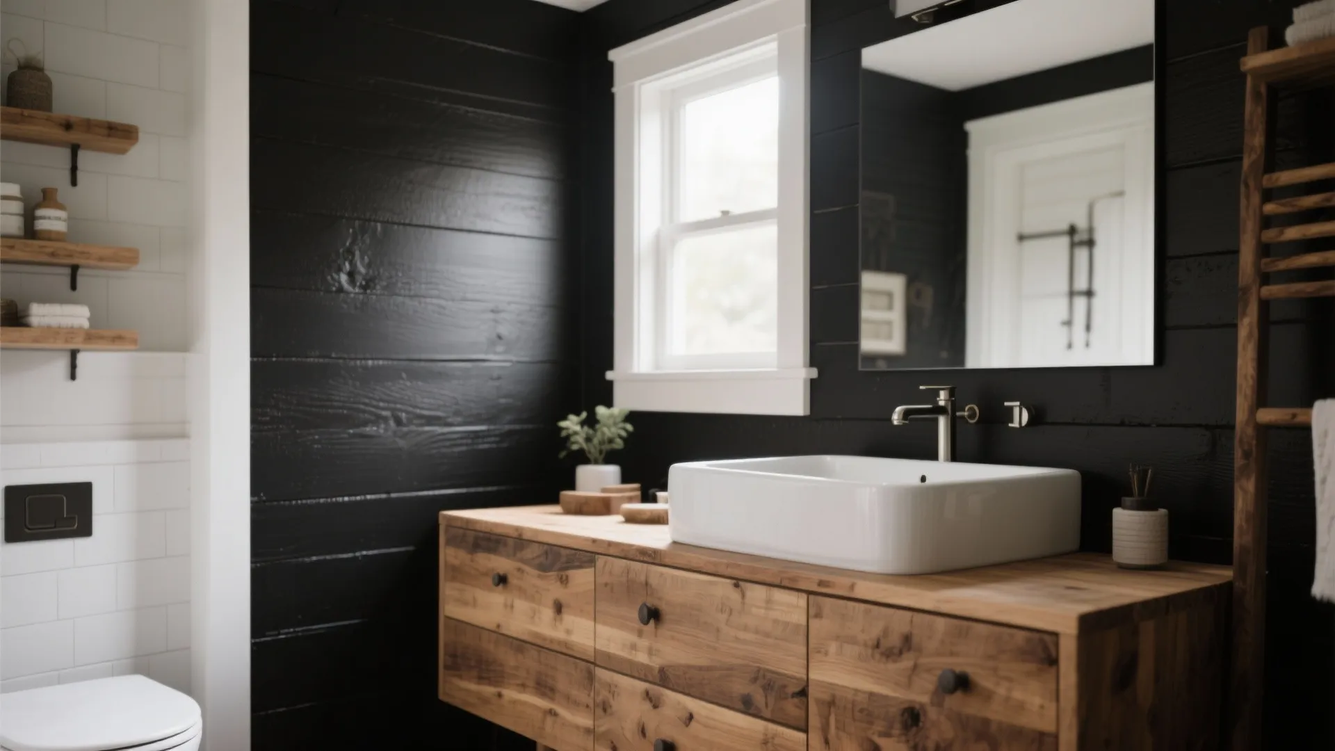 Modern bathroom with black wall panel wooden cabinet white sink and mirror with window light