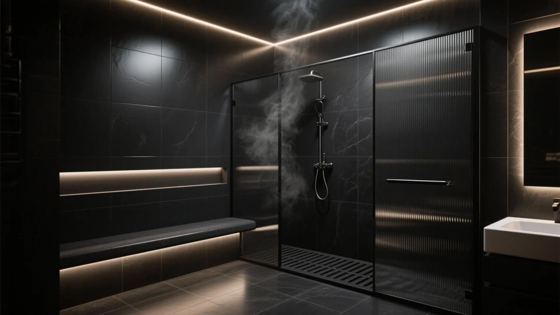 All-Black Shower With Textured or Ribbed Glass