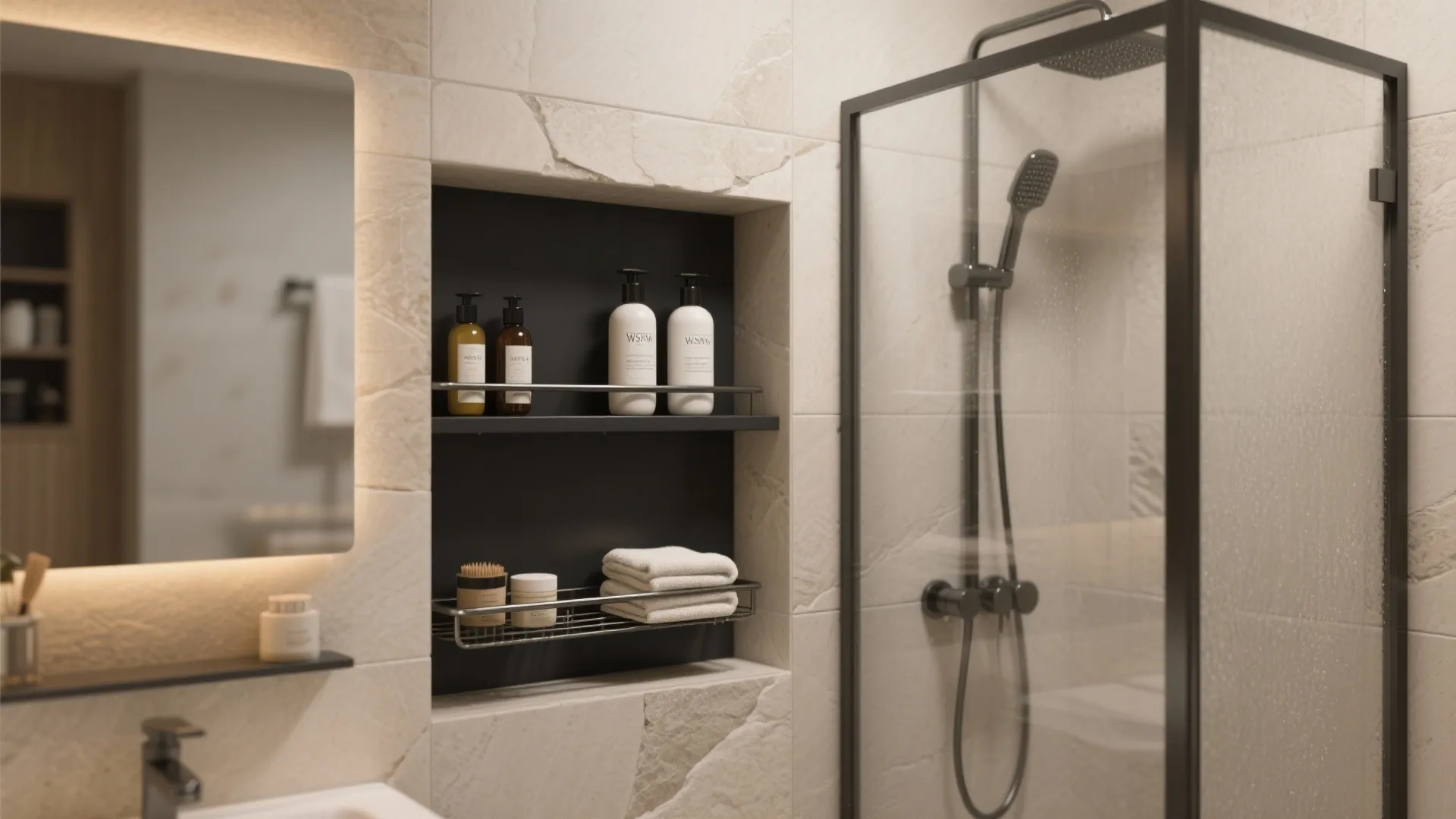 5. Matte Black Shower Caddy and Shelving
