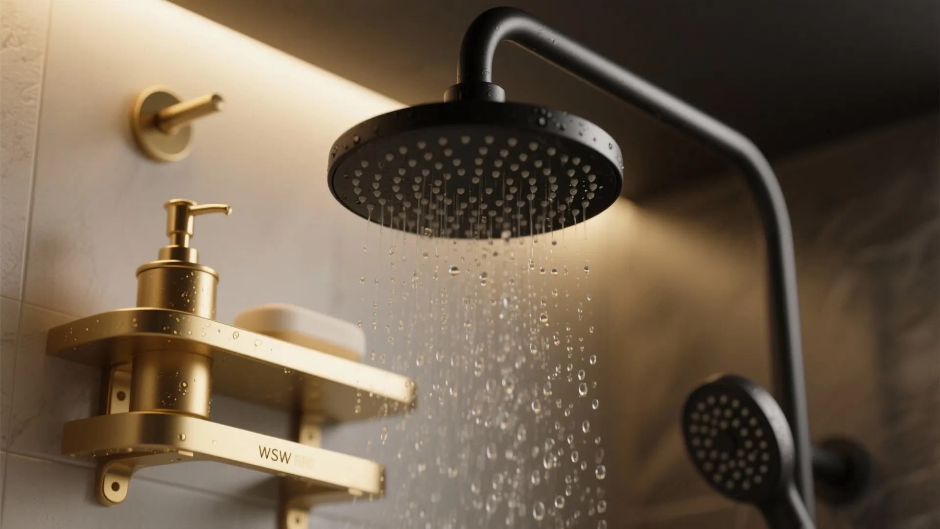 Black shower head with water running beside gold shelf with soap and gold pump bottle