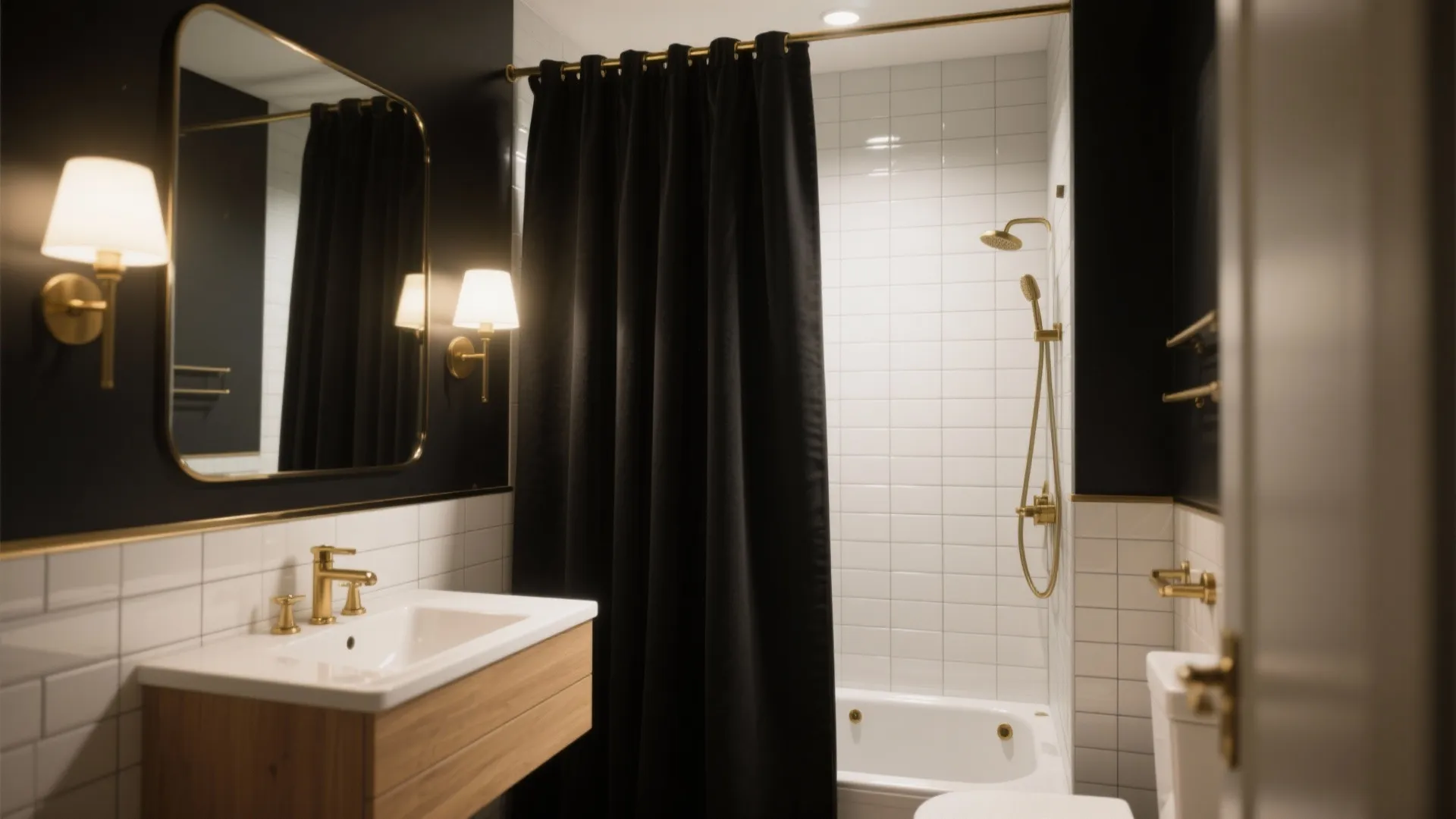 Modern bathroom with black wall panel white tiles gold wall light wooden cabinet and bathtub