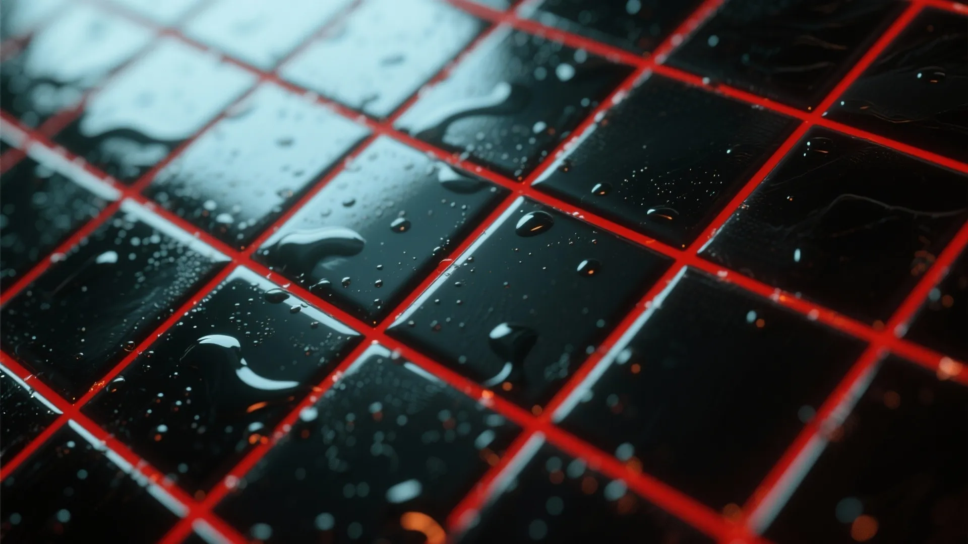 Close up view of wet black square wall tiles with bright red lines and water drops