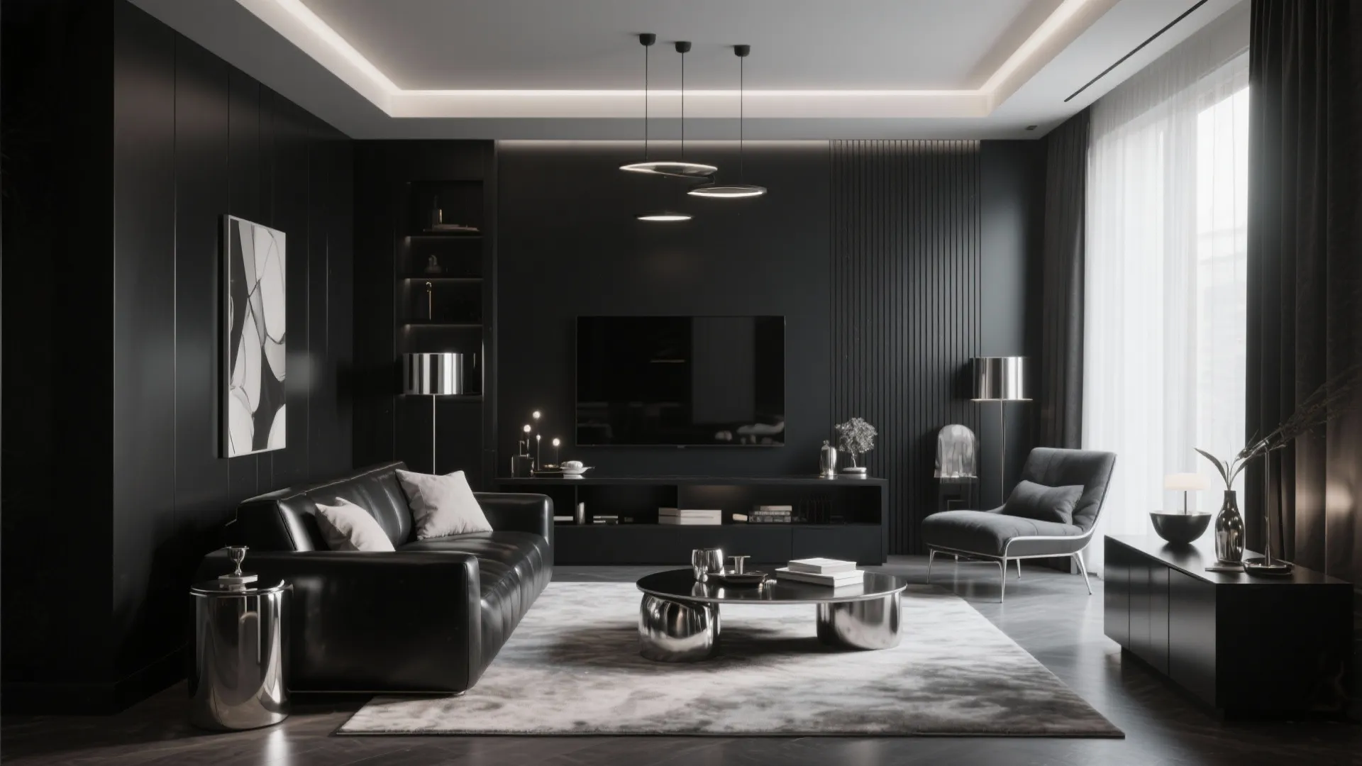 Dark living room showing black leather sofa silver coffee table rug and modern hanging ceiling light