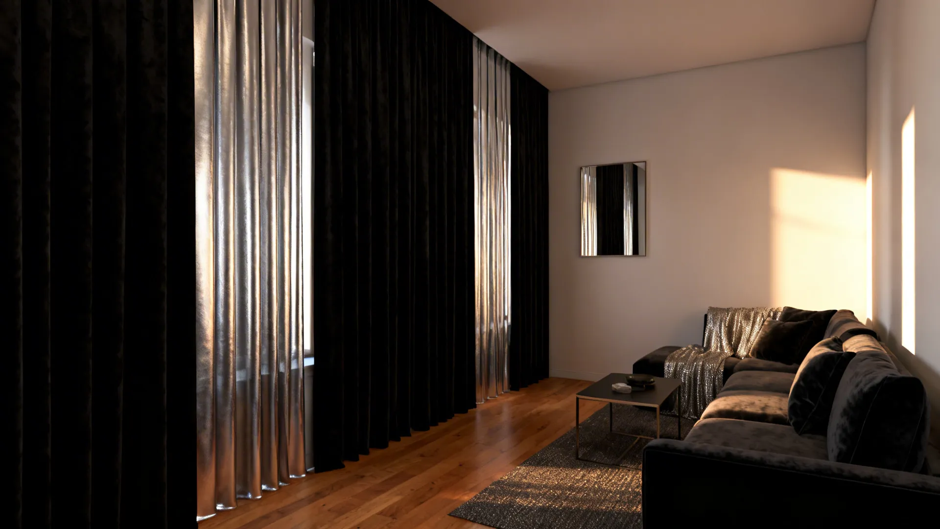 Modern living room with long black and silver curtains wood floor sofa and coffee table