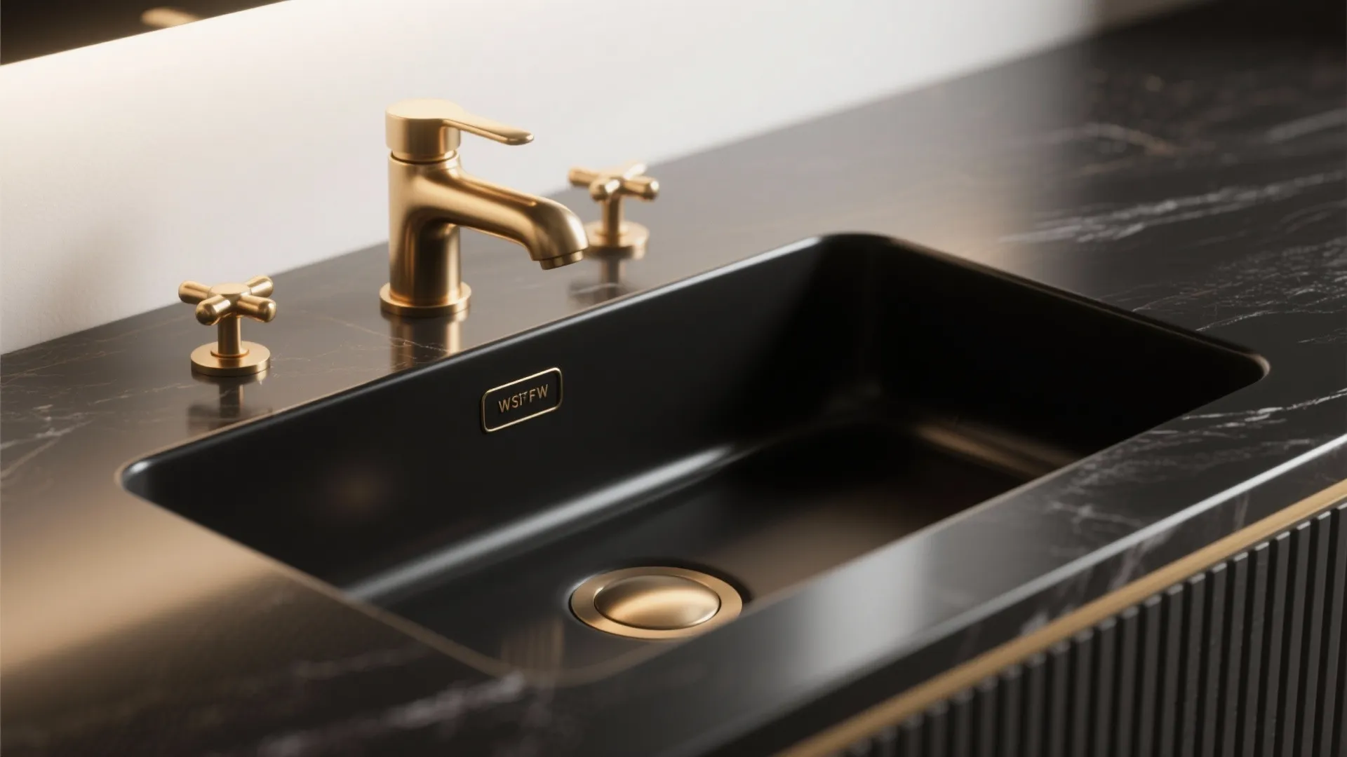 5. Black sink with brass fixtures for contrast