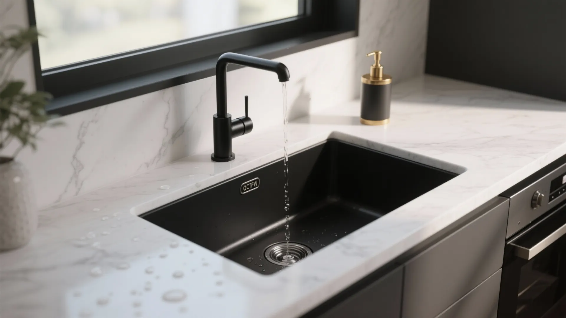 Integrated matte black sink and single-handle black faucet paired with a white quartz countertop and brass accessory.