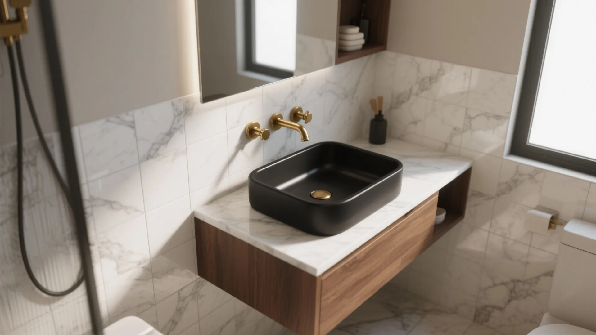 Modern bathroom interior with black sink gold wall faucet white marble tiles and wooden cabinet