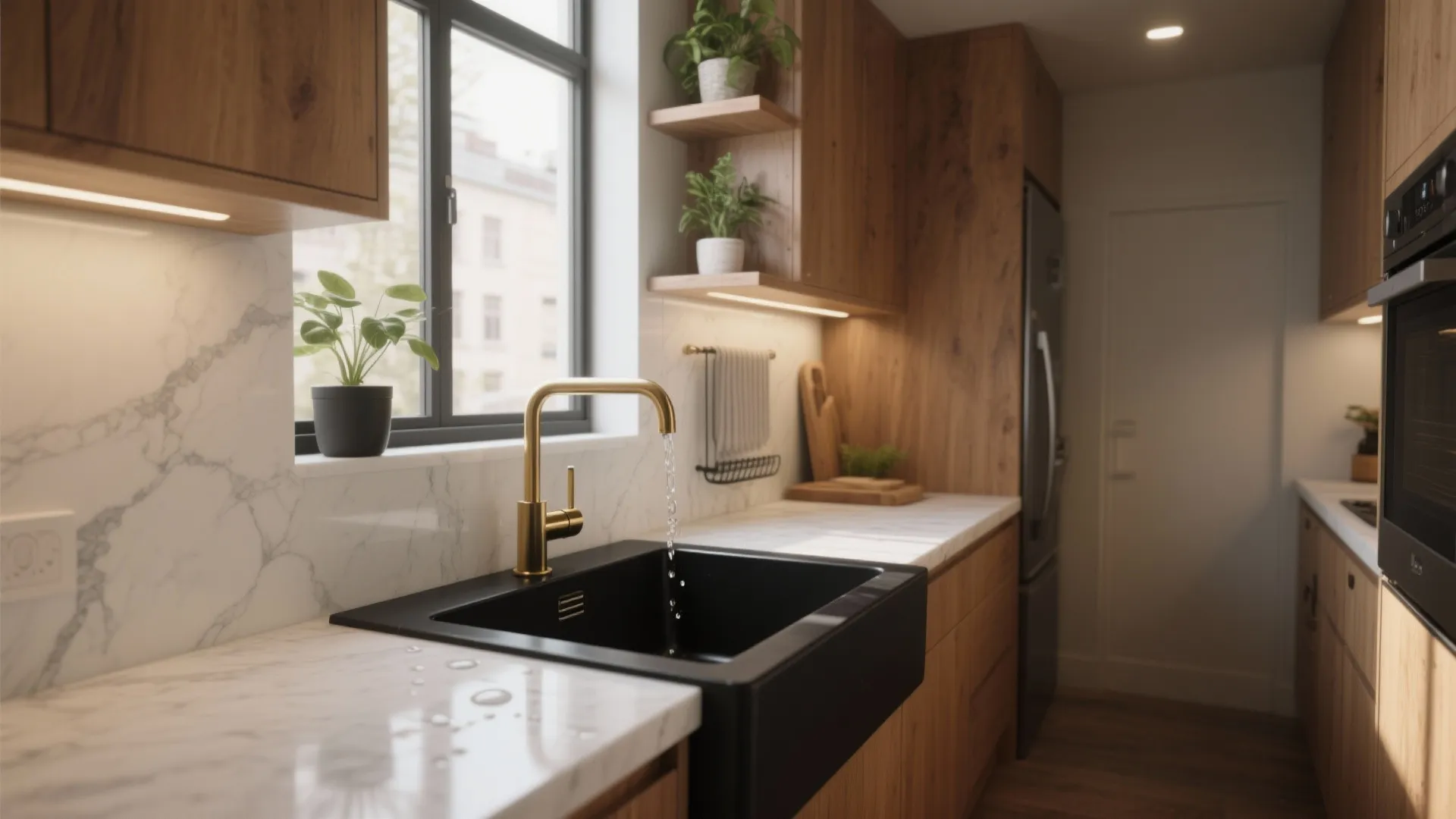 Black farmhouse sink with gold faucet white marble countertop wooden cabinets and green indoor potted plants