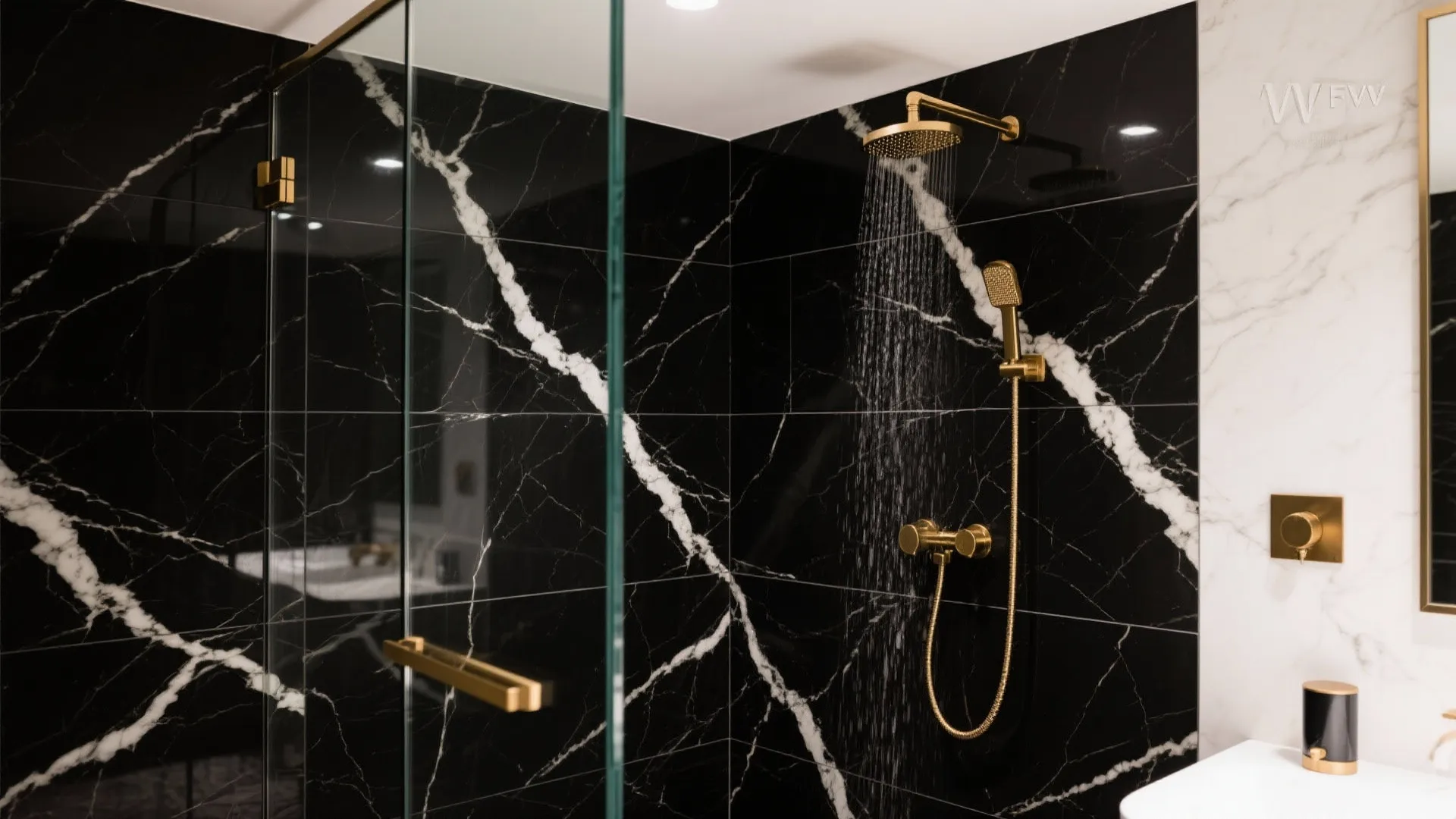 Luxury shower space featuring black marble wall tiles gold shower head and glass door panel