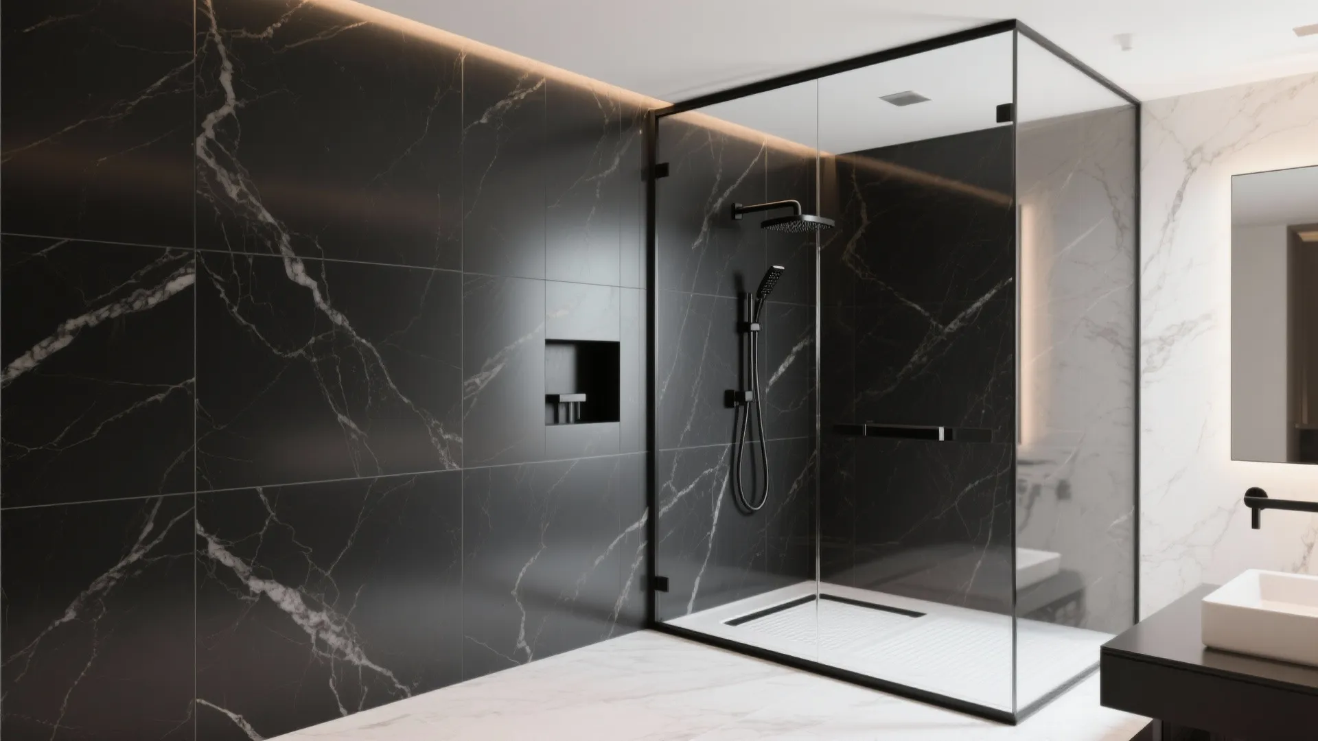 Luxury bathroom interior design drawing with black marble walls glass shower box and white marble floor