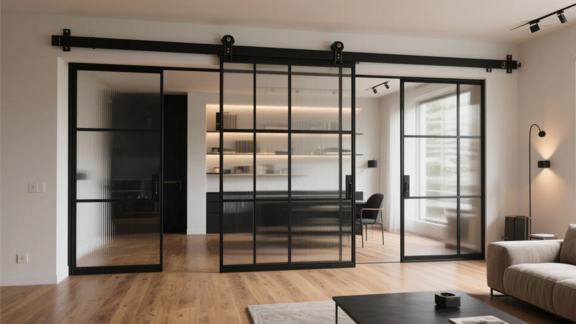 Black-framed sliding glass doors for an industrial-chic vibe