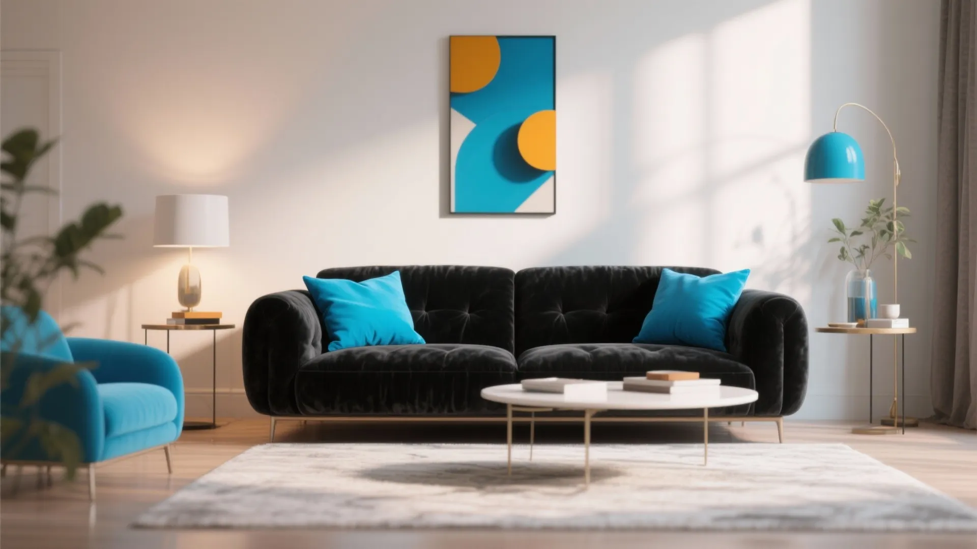 Black velvet sofa with bright blue cushions
