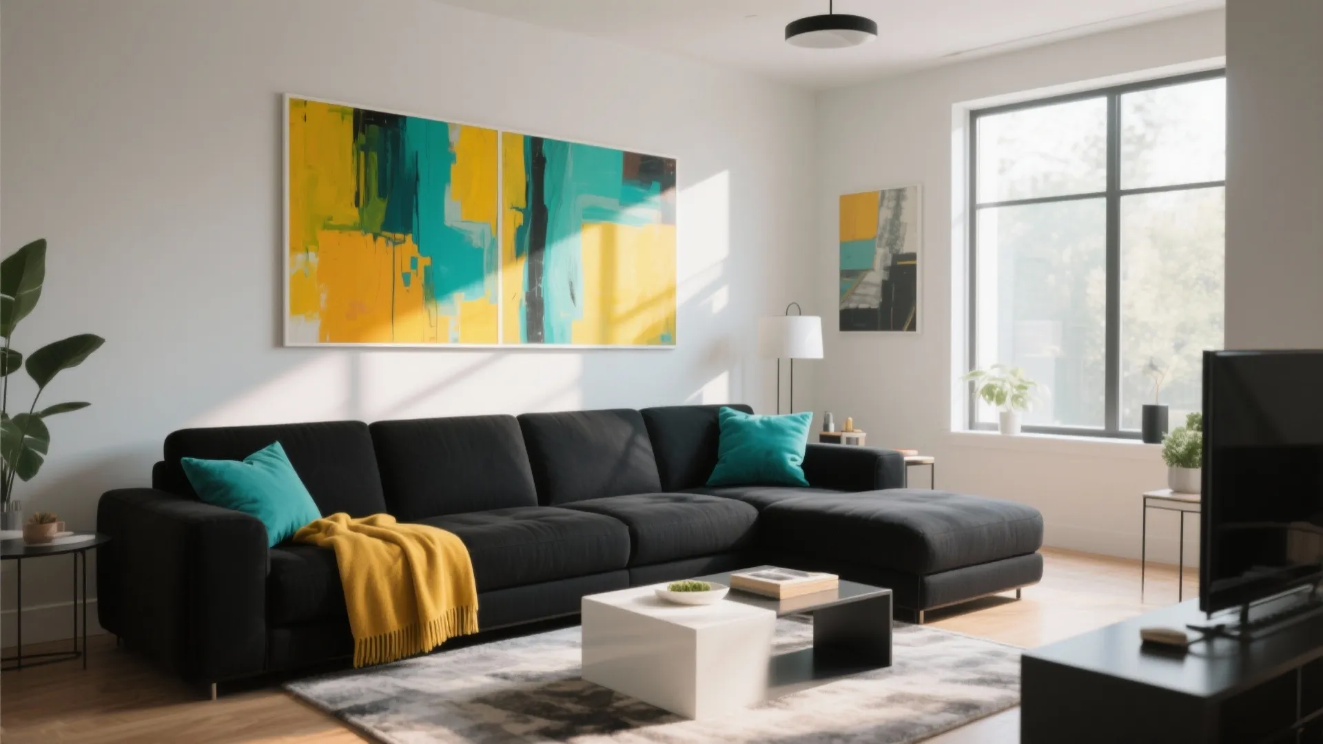 Black sofa with teal and mustard accents in a colorful living room