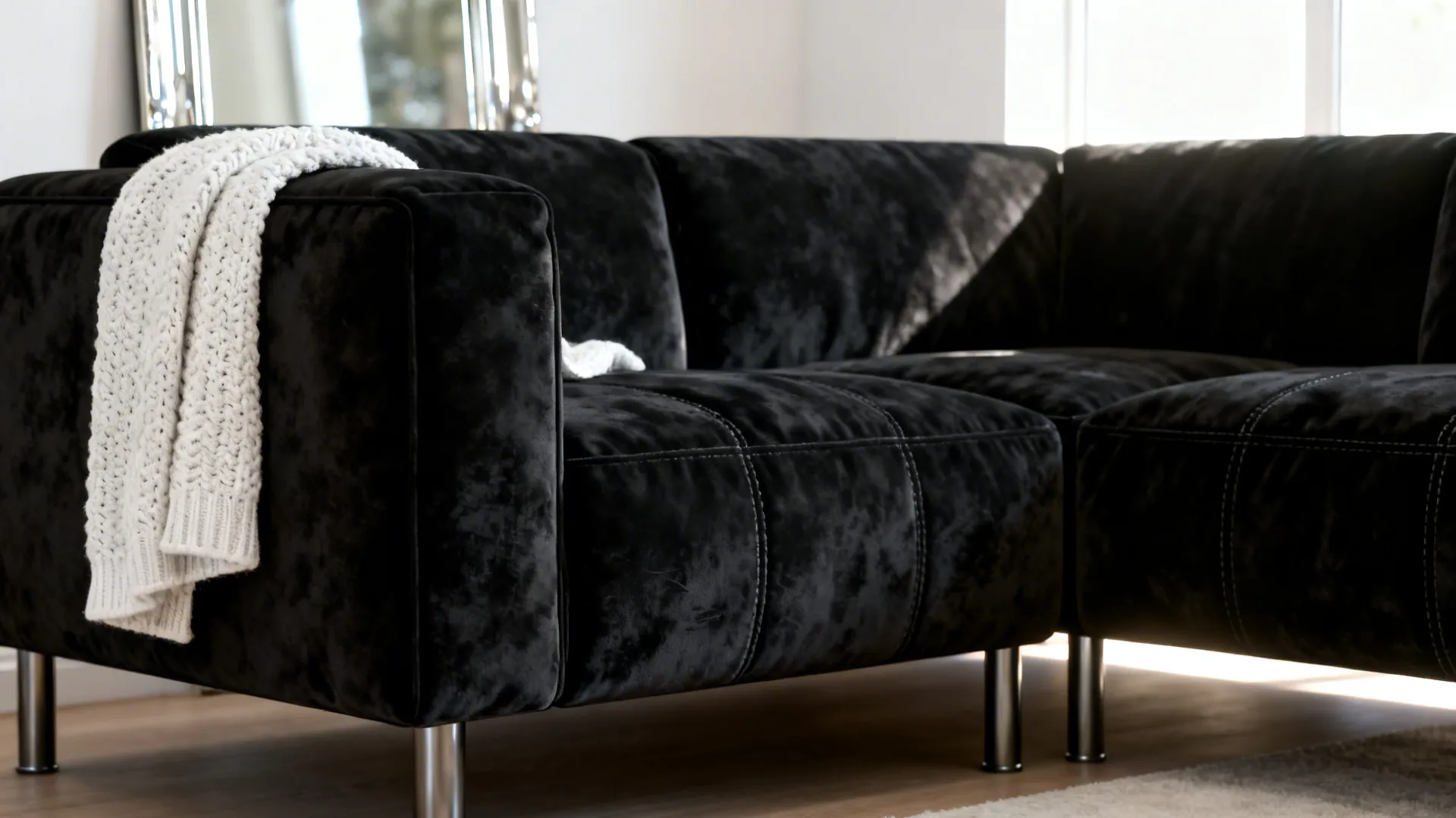 Close-up of a black modular sofa with a white throw and textured upholstery in a bright living room.