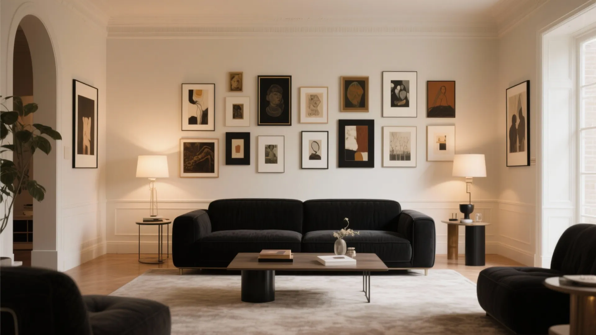 Black sofa under an artistic gallery wall in a stylish living room