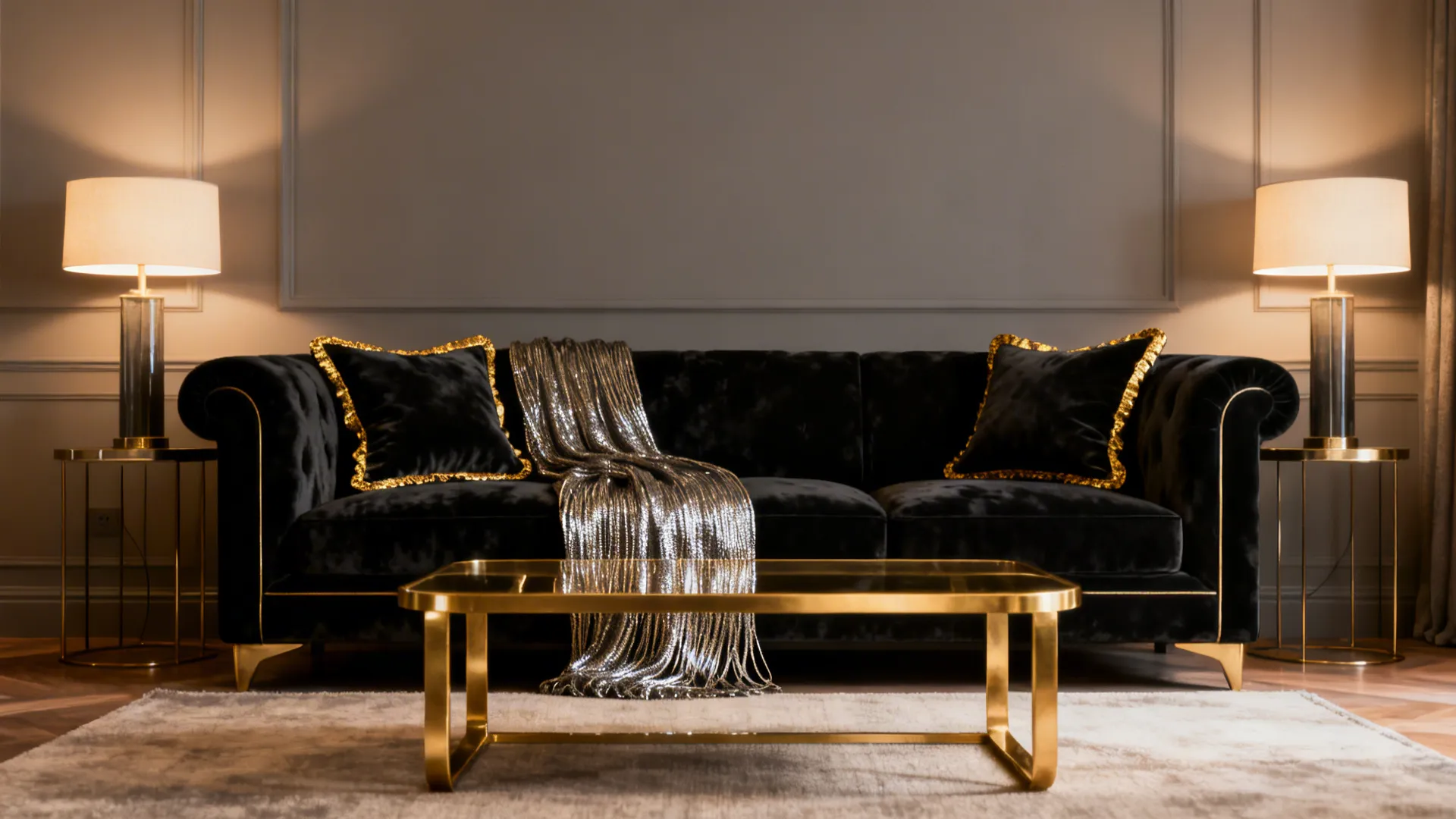 Black velvet sofa with gold-trim cushions and a gold-finished coffee table in a small living room.