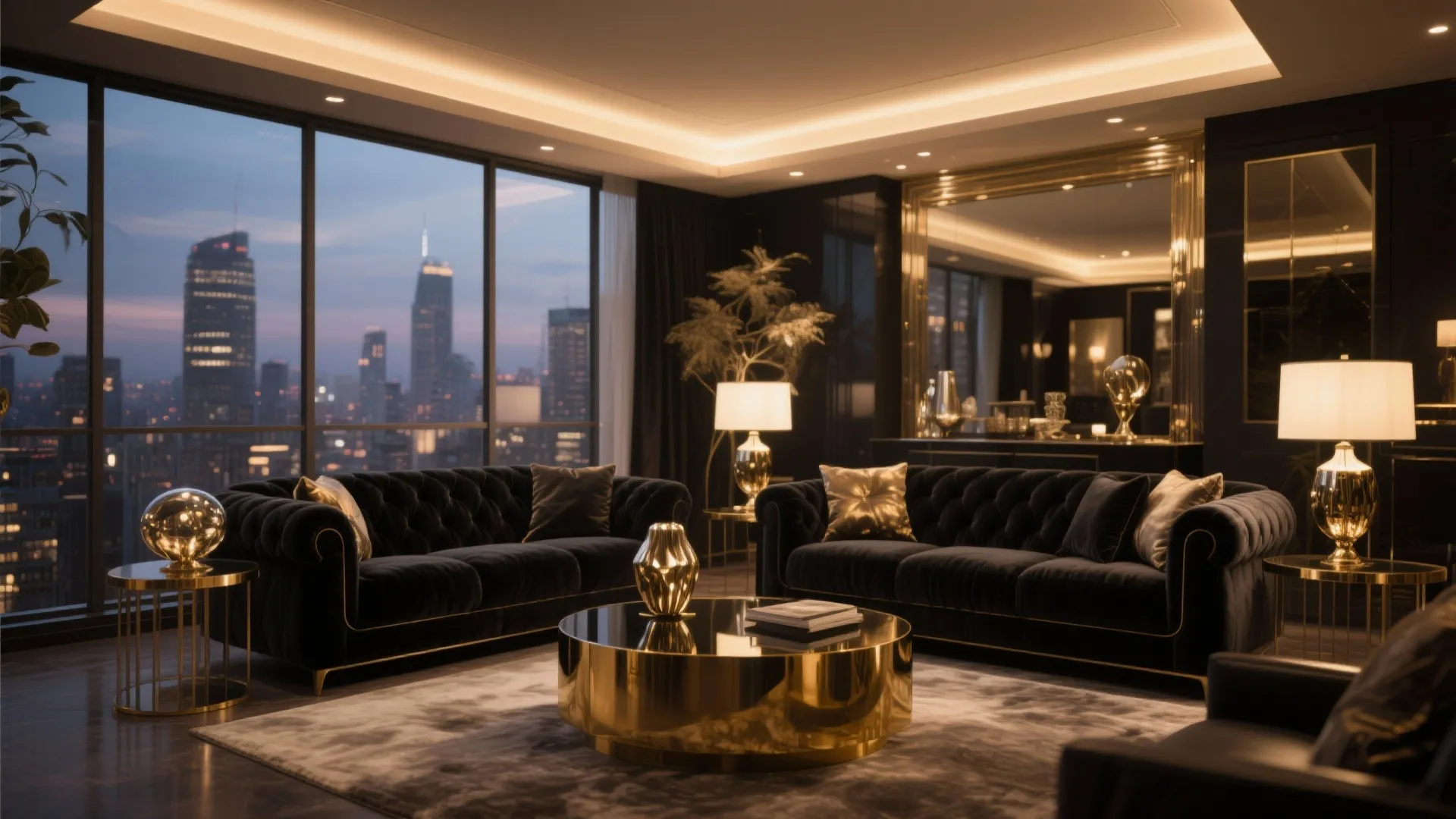 Black velvet sofa with gold side tables in a luxury penthouse