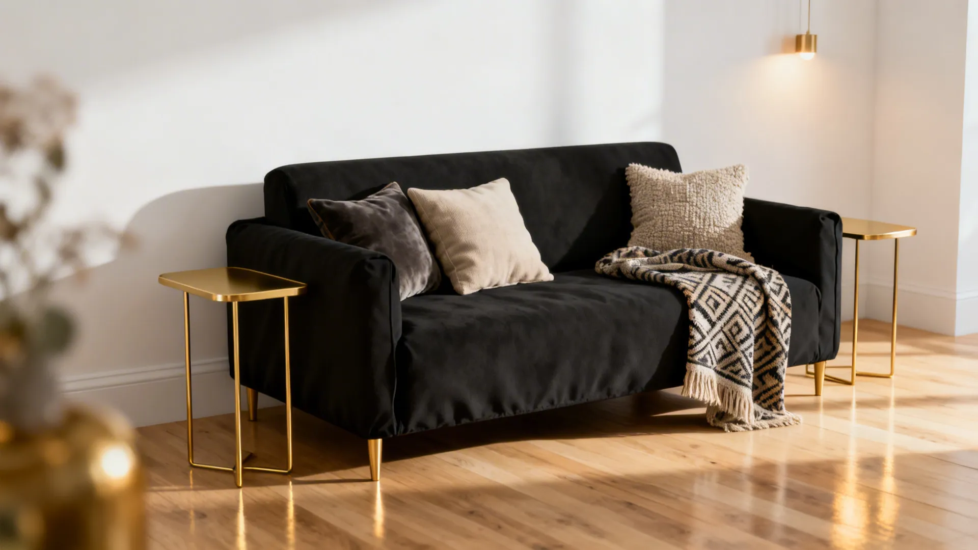 Compact black sofa with gold side tables and textured neutral cushions in a small living area.