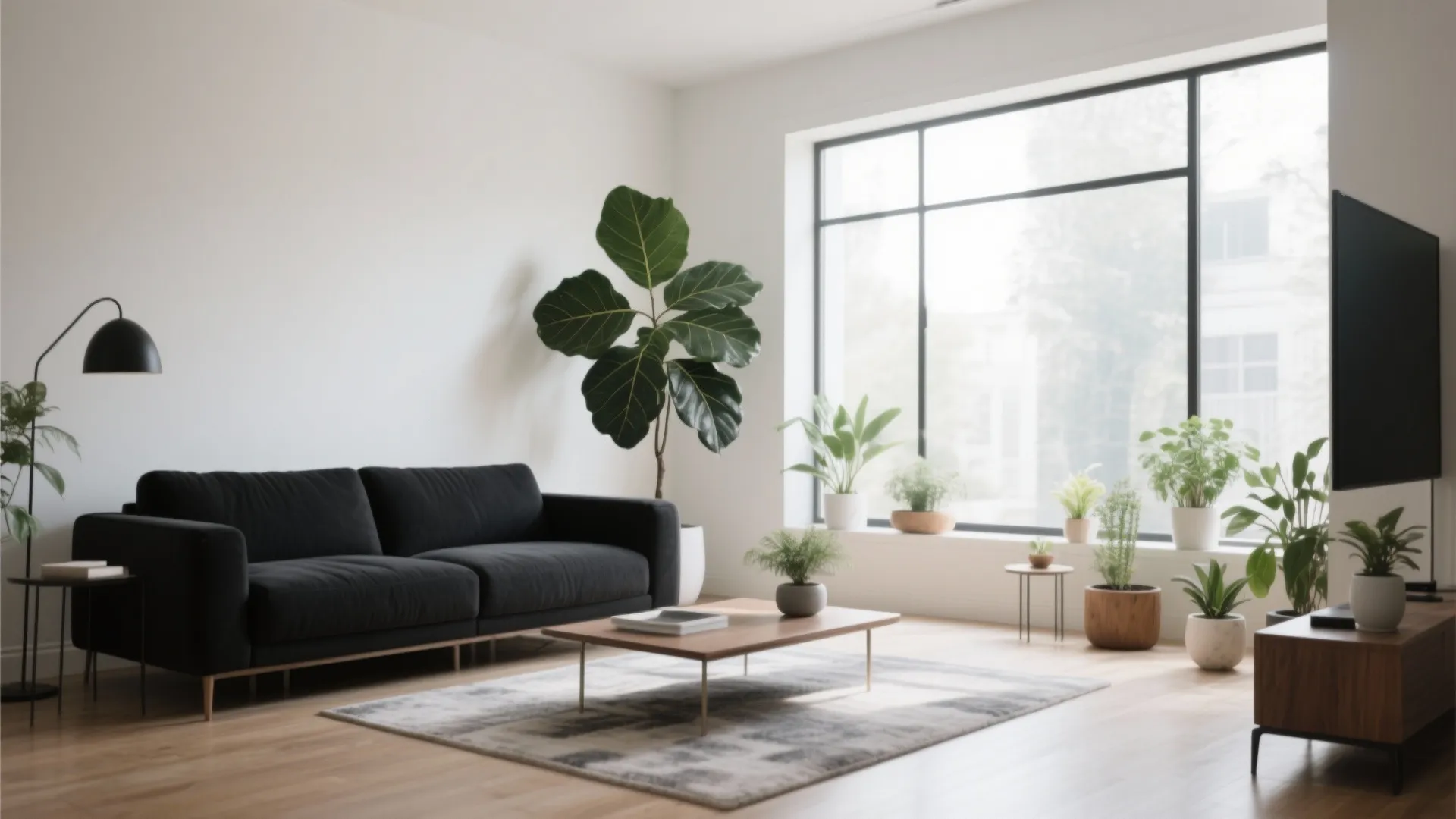 Black sofa with large fiddle leaf fig plant nearby