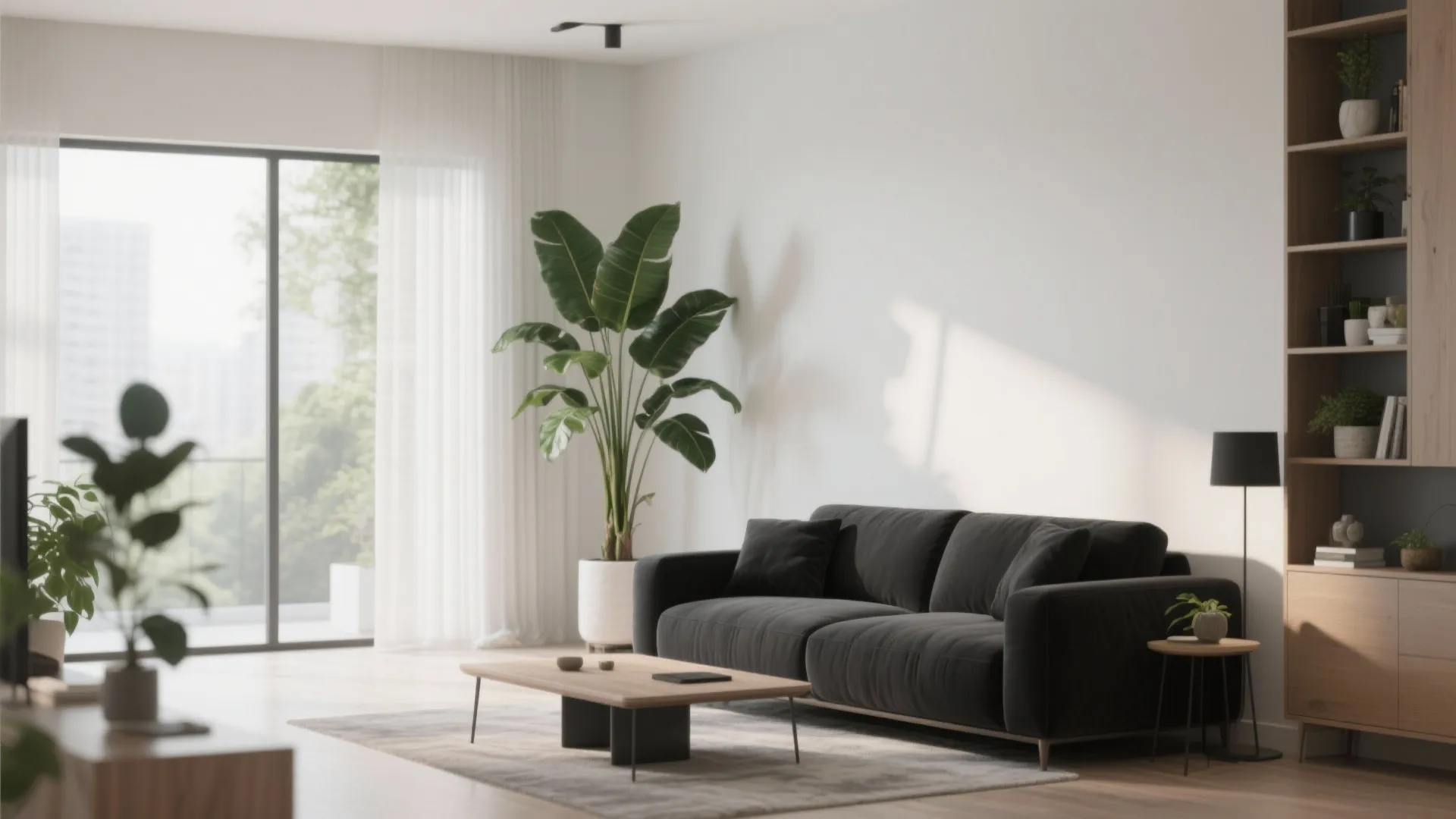 Black sofa with tall indoor plant in a modern living room