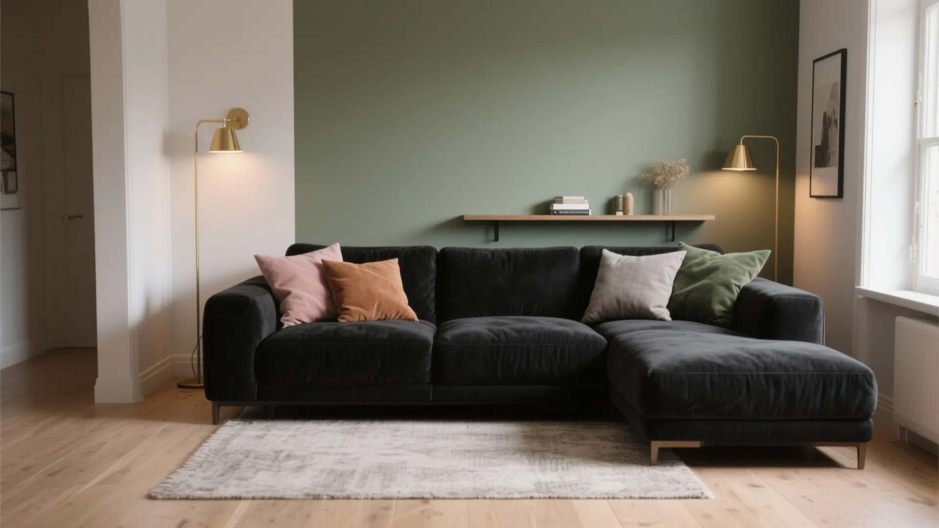 Black sofa with colorful pillows against a green wall featuring a shelf and gold lights