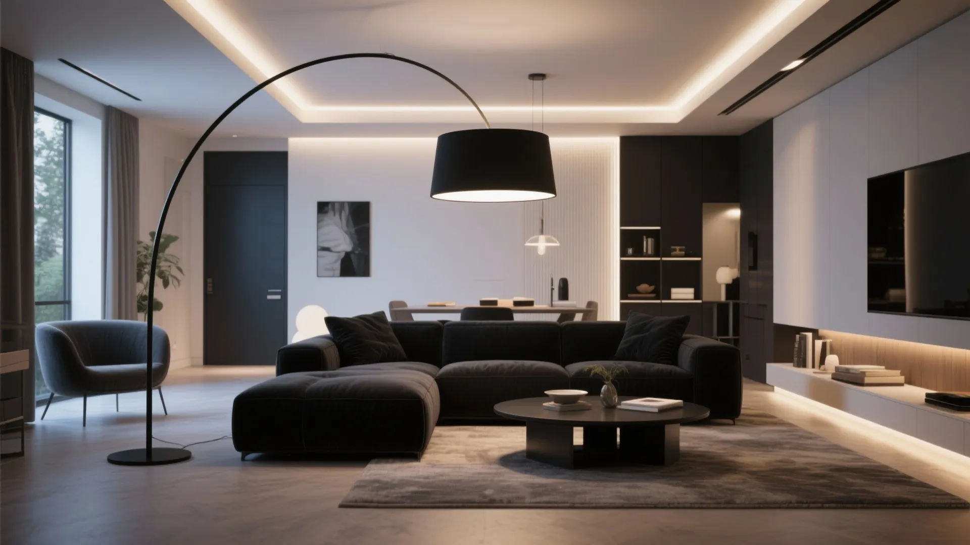 Black sofa with oversized floor lamp