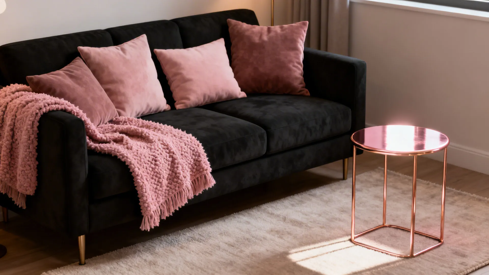 2. Statement Black Sofa + Pink Textiles