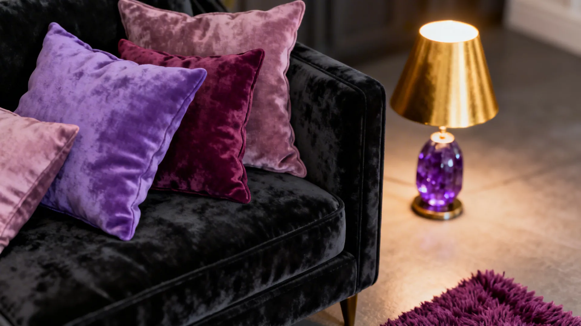 Black velvet sofa with purple pillows next to a gold table lamp and purple rug