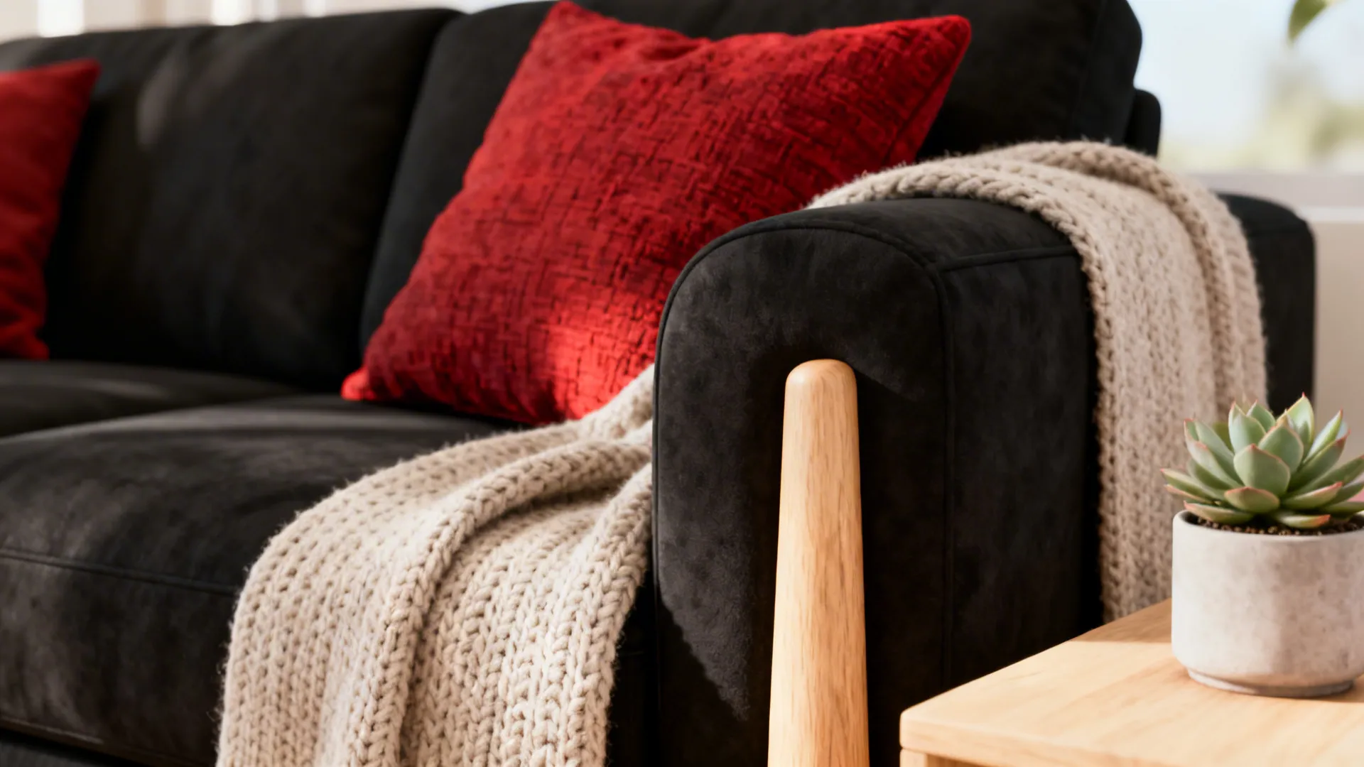 Close-up of black sofa with red pillows and pale wood leg detail in a small living room.