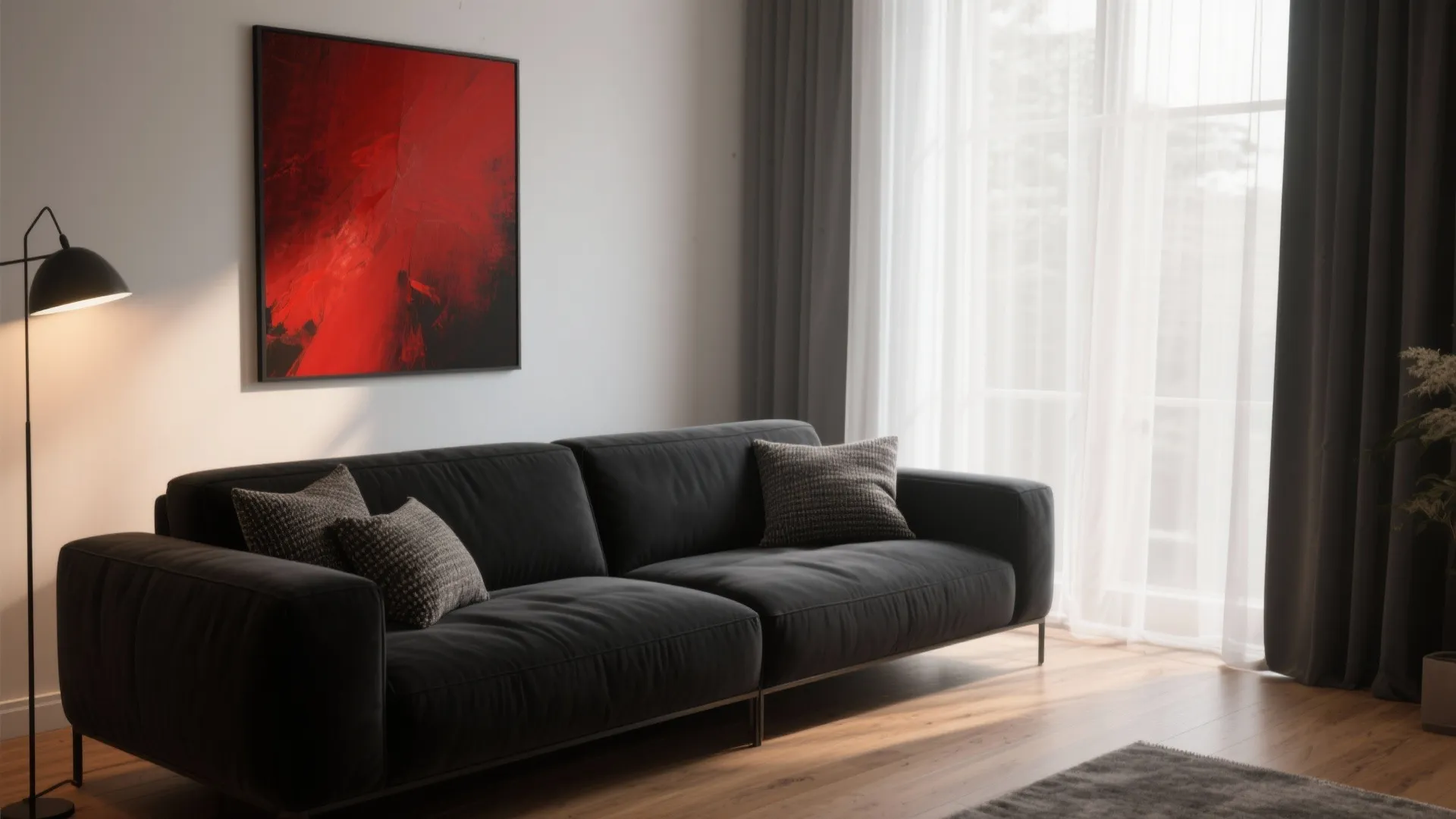 4. Contemporary Black Sofa + White Sheer Curtains + Red Art