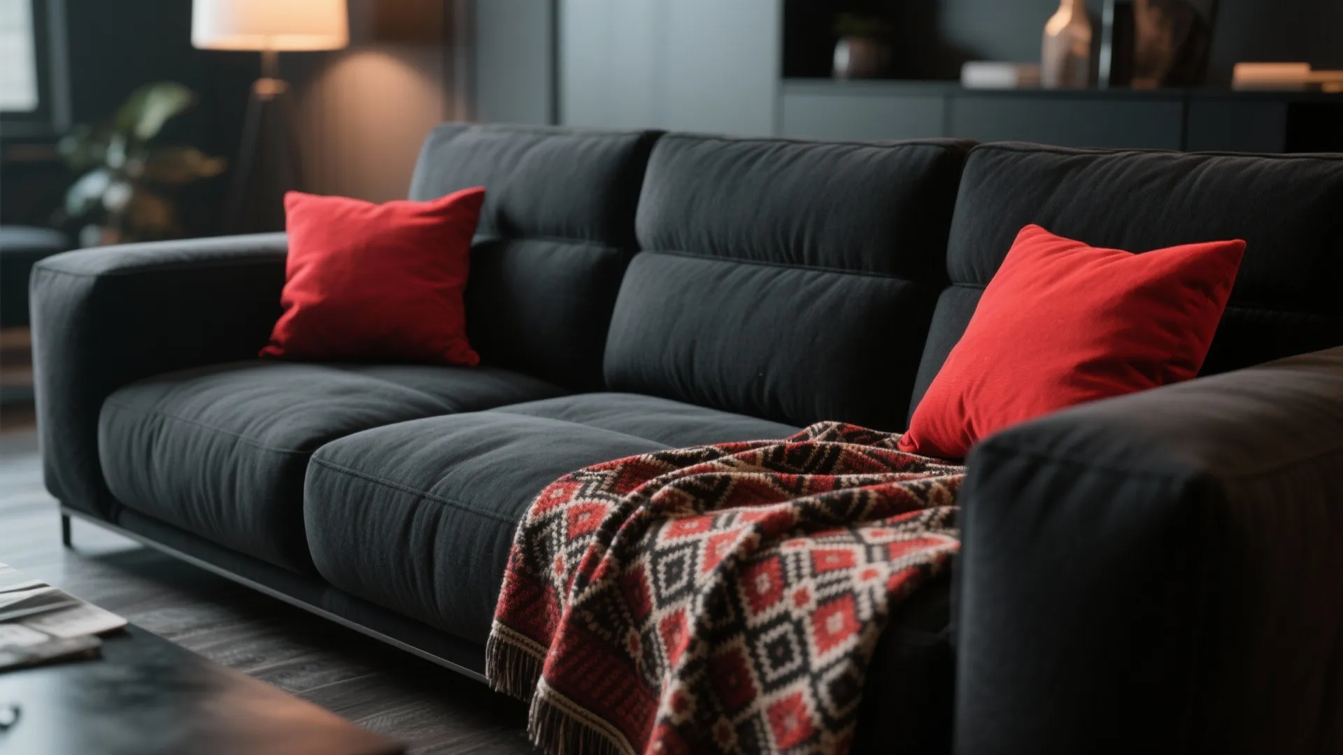 2. Black Sofa, Red Accessories