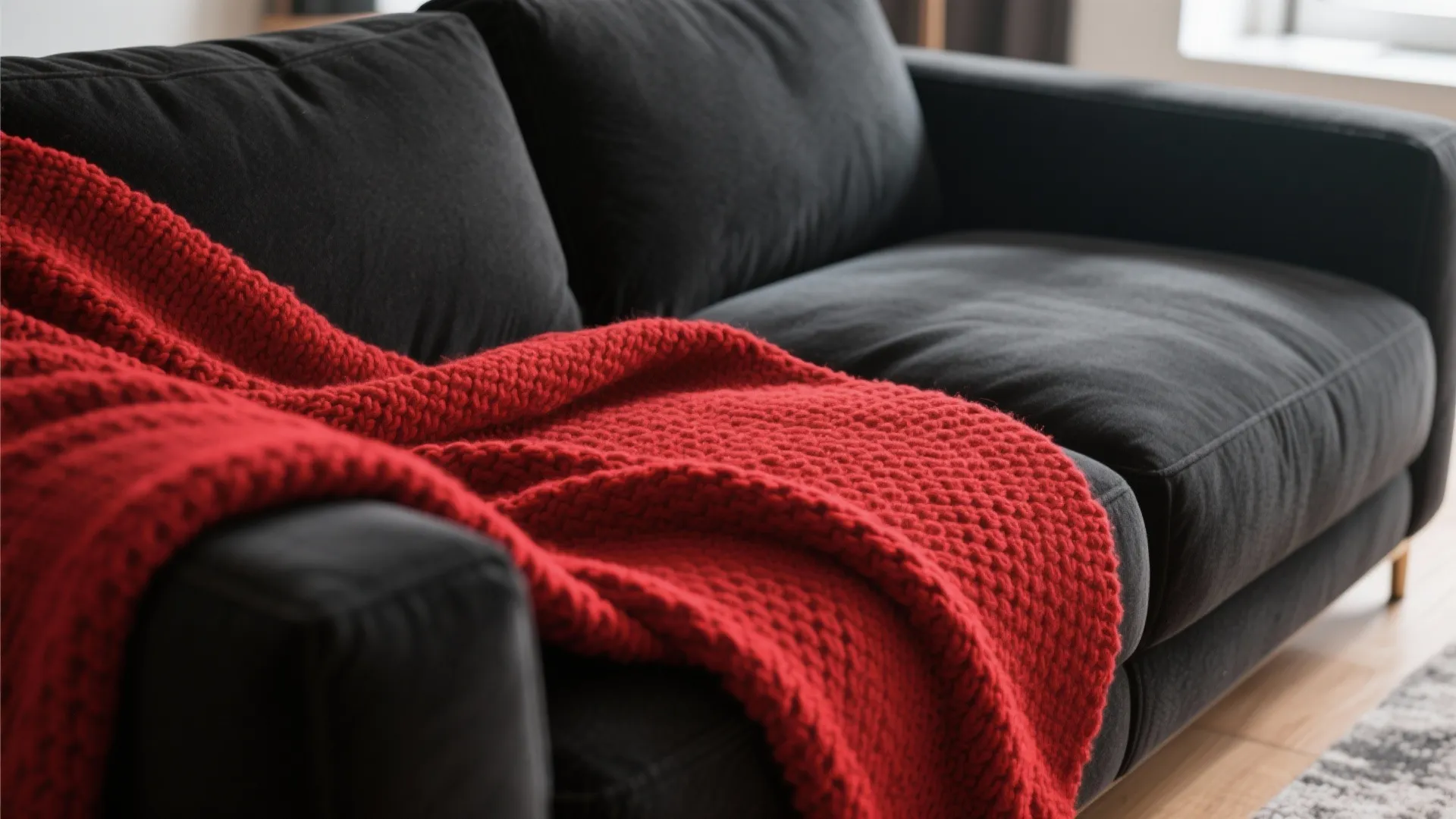Close up of a modern black sofa decorated with a thick red knitted throw blanket